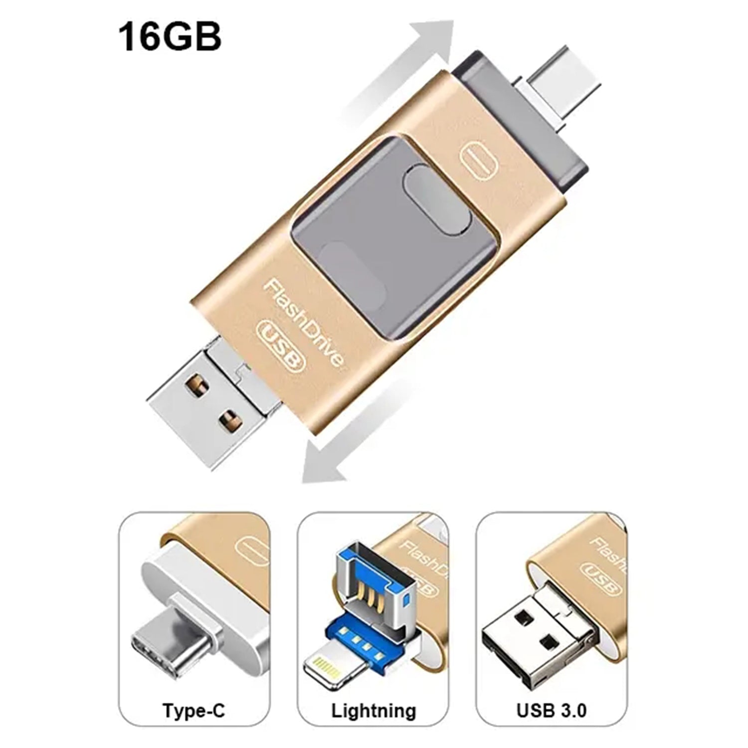 3 in1(Type C & Lightning & USB3.0) i Flash Drive for Apple iOS & Android & Computers (16GB)