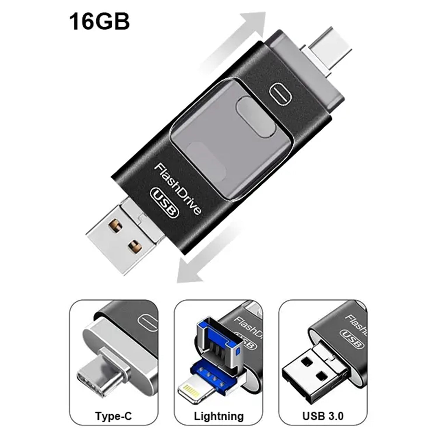 3 in1(Type C & Lightning & USB3.0) i Flash Drive for Apple iOS & Android & Computers (16GB)