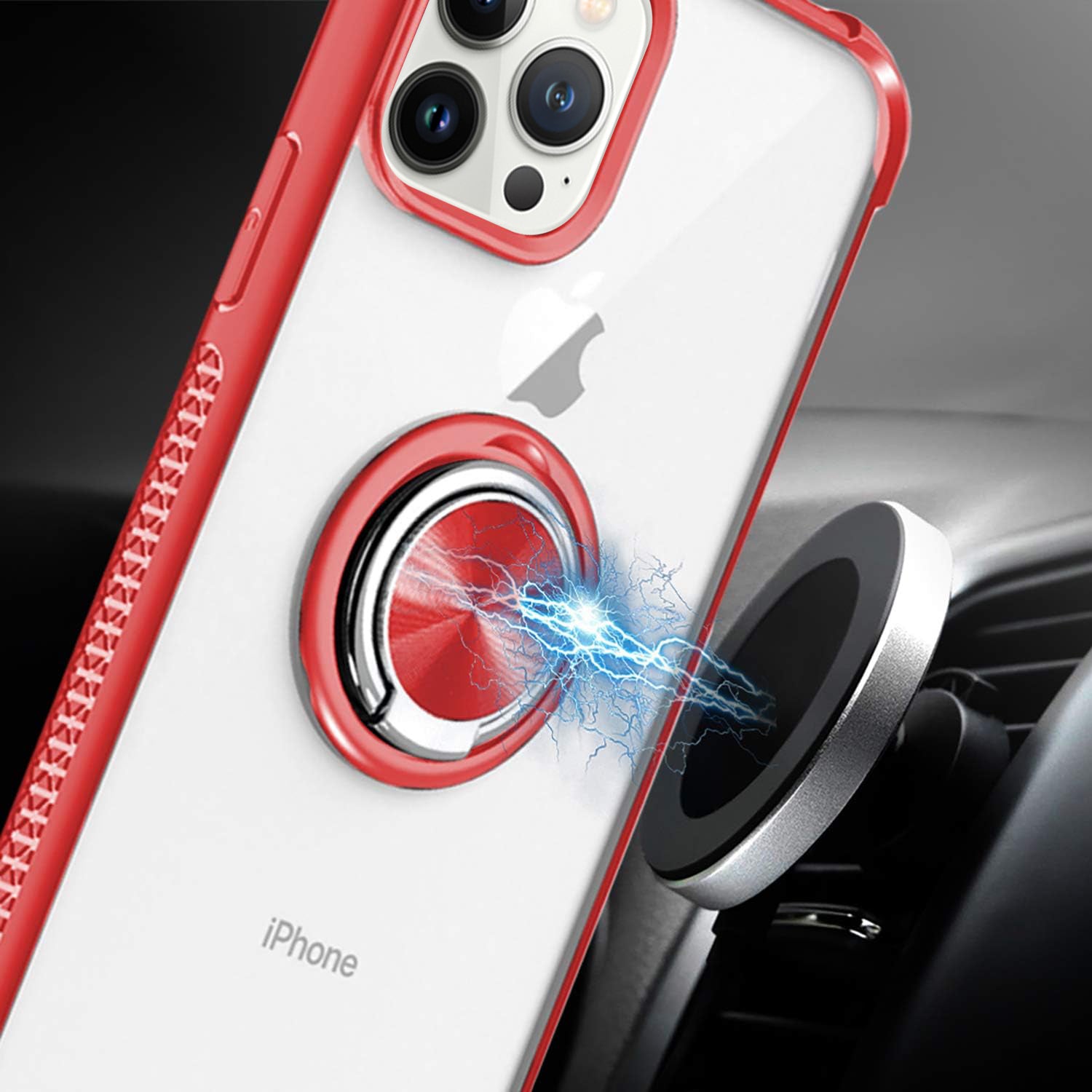 Transparent Ring Magnetic GPS car mount Phone Holder Case for iPhone 12 Pro/12 (6.1") Case - Red