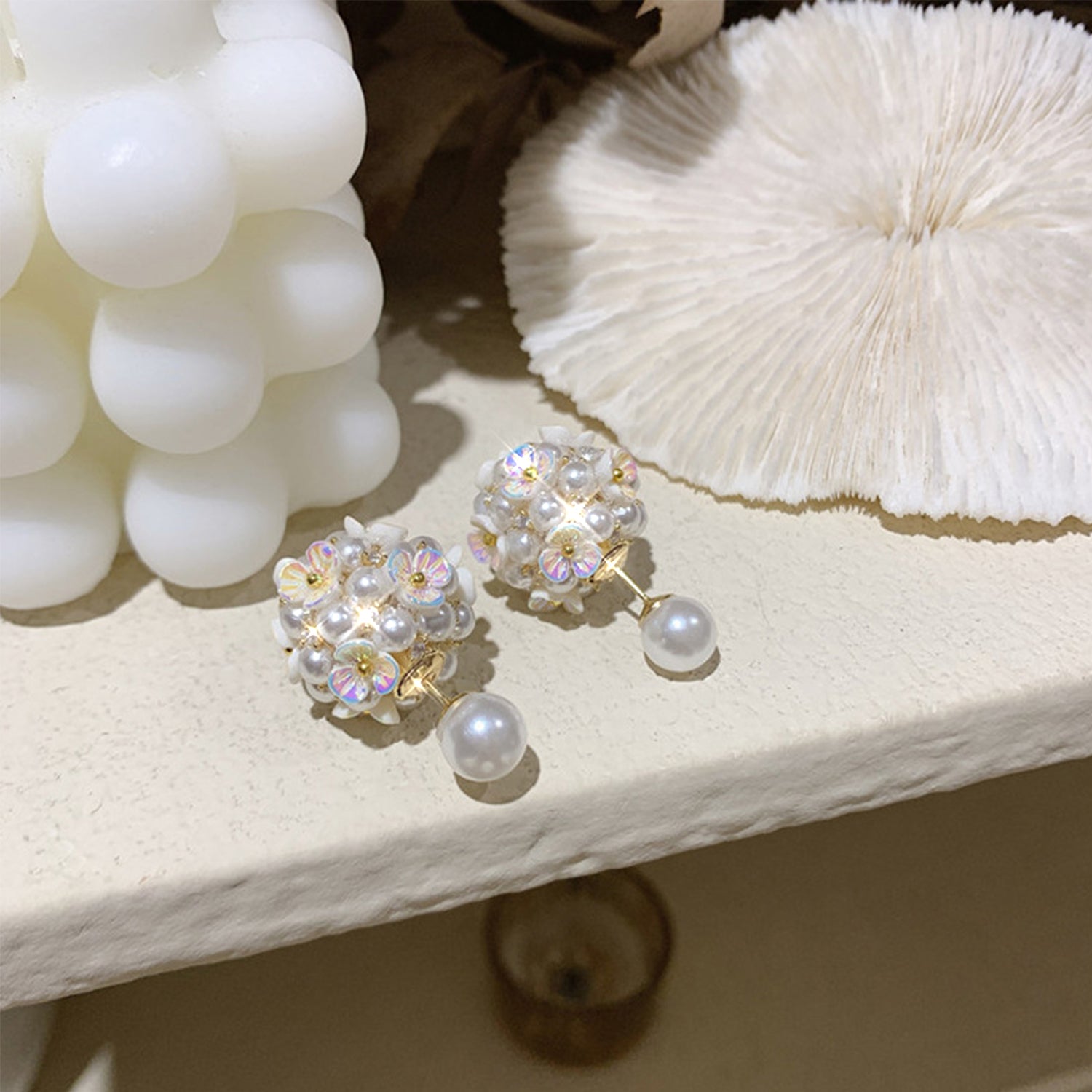 Korean INS Temperament Cool Style Earrings(HE9919)-White Flower Ball