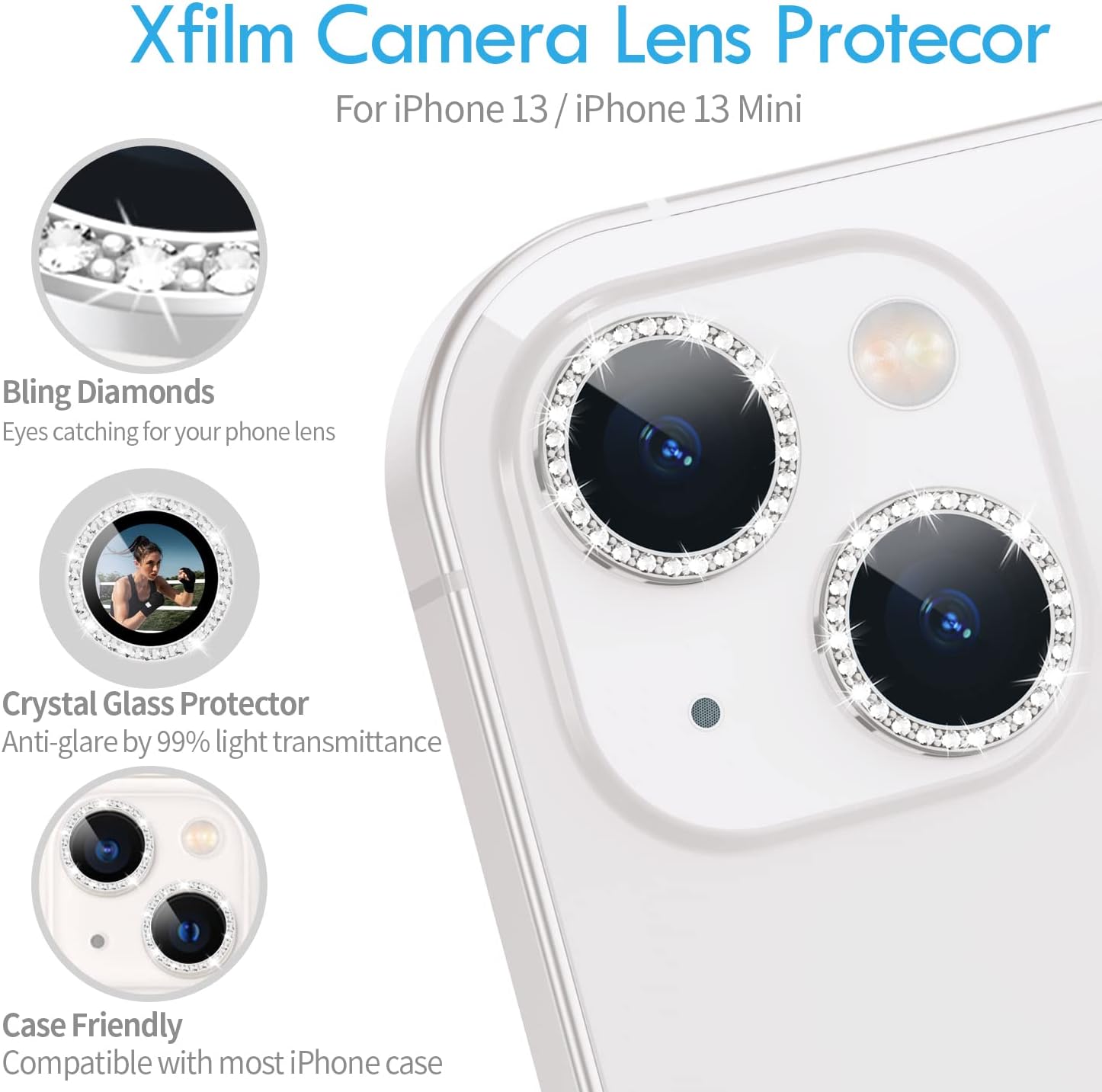 Crystal Diamond Camera Lens Protective Case For iPhone 13 Tempered Glass Aluminum Alloy Lens Screen Cover Eagle Eye Series