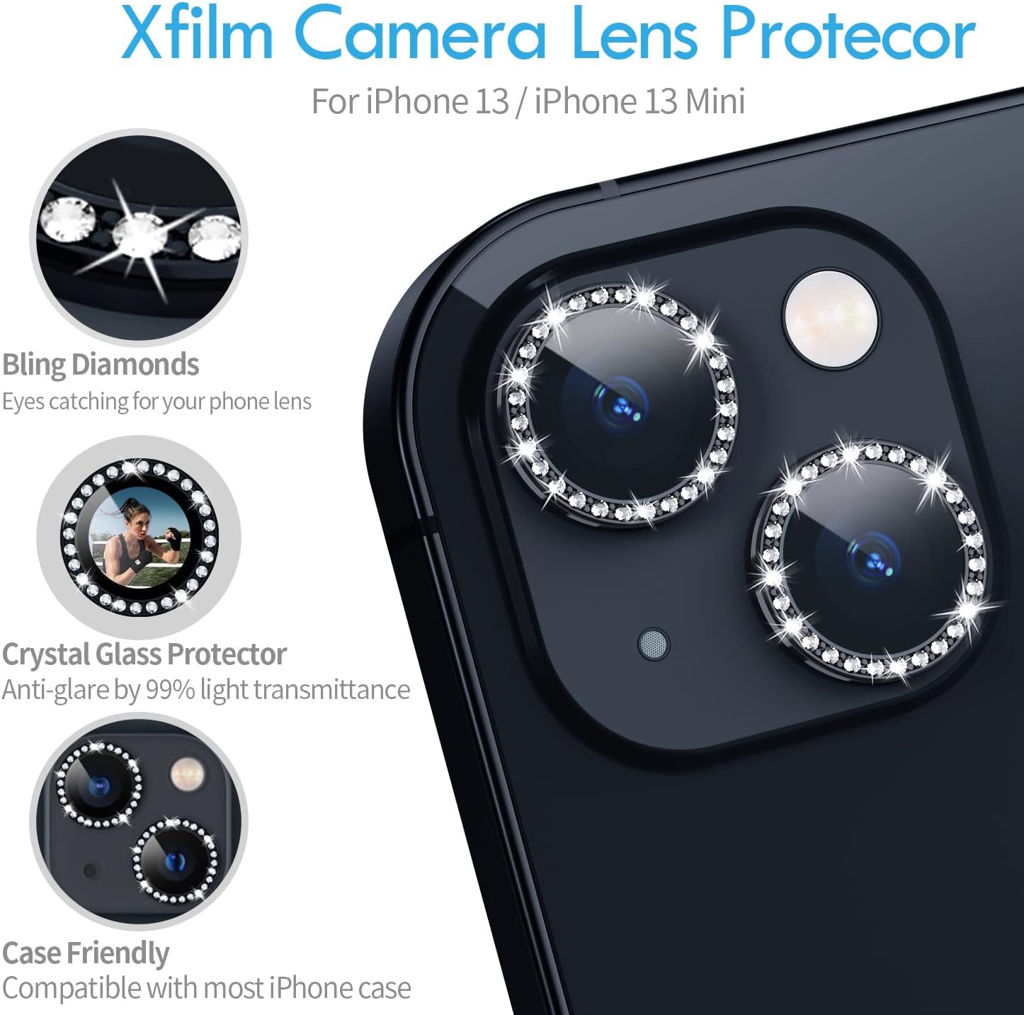 Crystal Diamond Camera Lens Protective Case For iPhone 13 Tempered Glass Aluminum Alloy Lens Screen Cover Eagle Eye Series