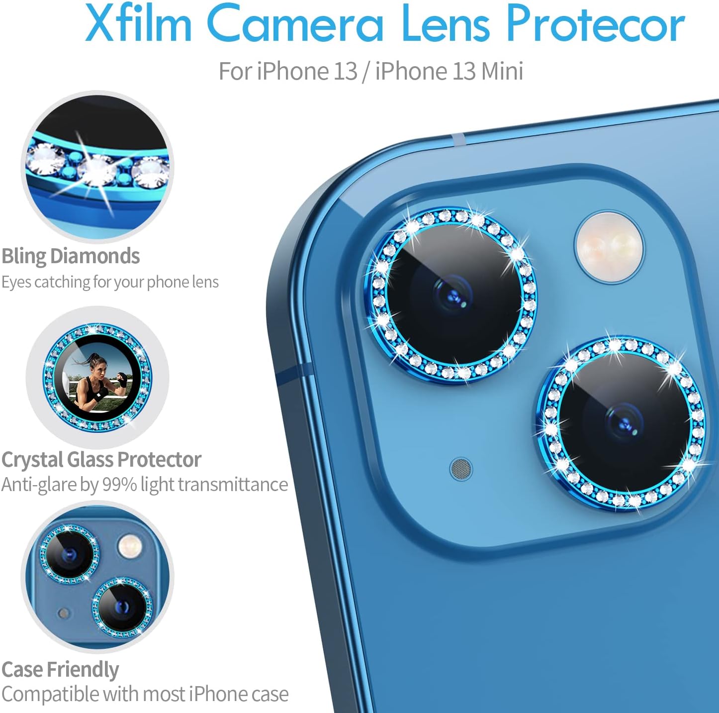 Crystal Diamond Camera Lens Protective Case For iPhone 13 Tempered Glass Aluminum Alloy Lens Screen Cover Eagle Eye Series