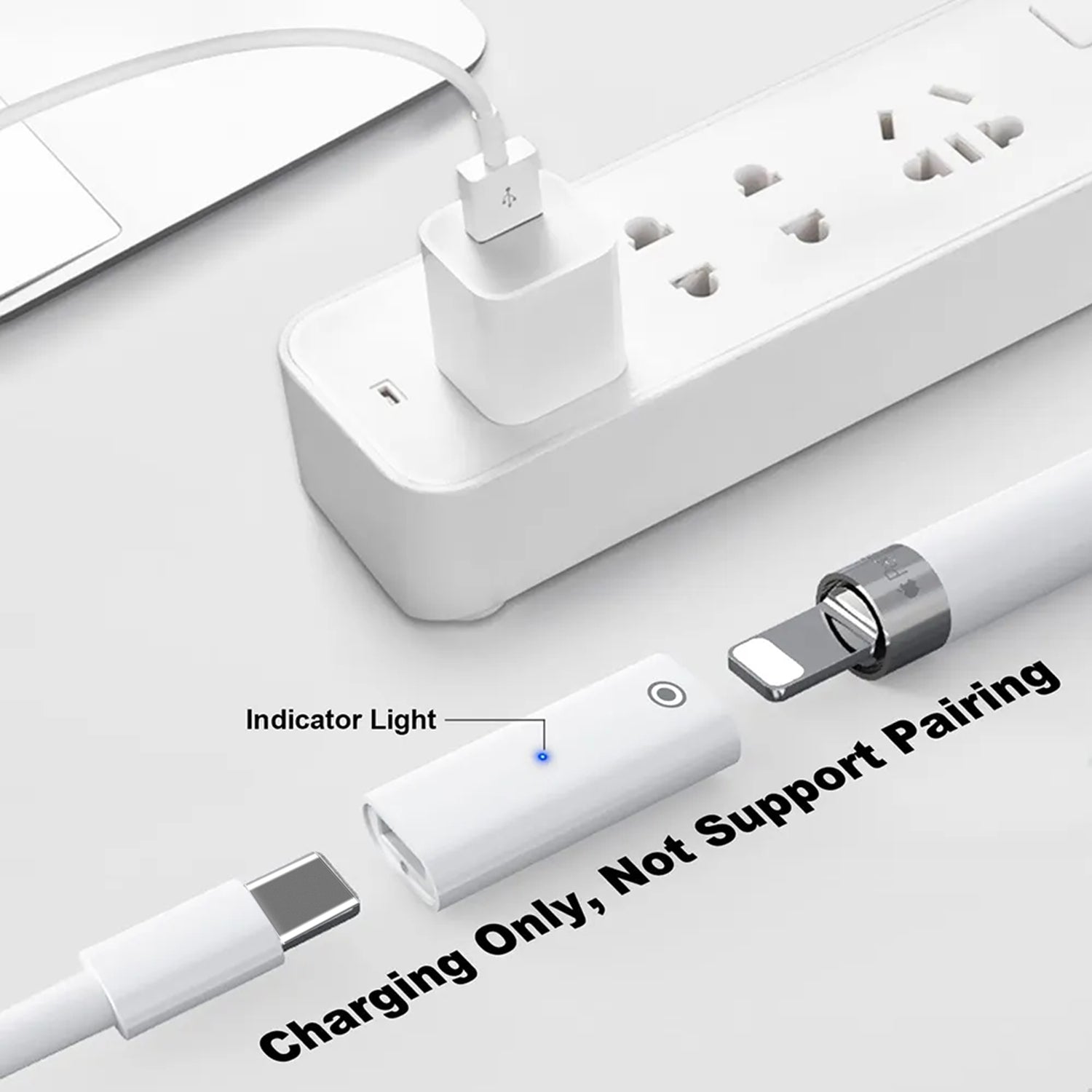 Charging Adapter With Indicator Light For Apple Pencil 1st Generation (Type-C to Lighting )-White