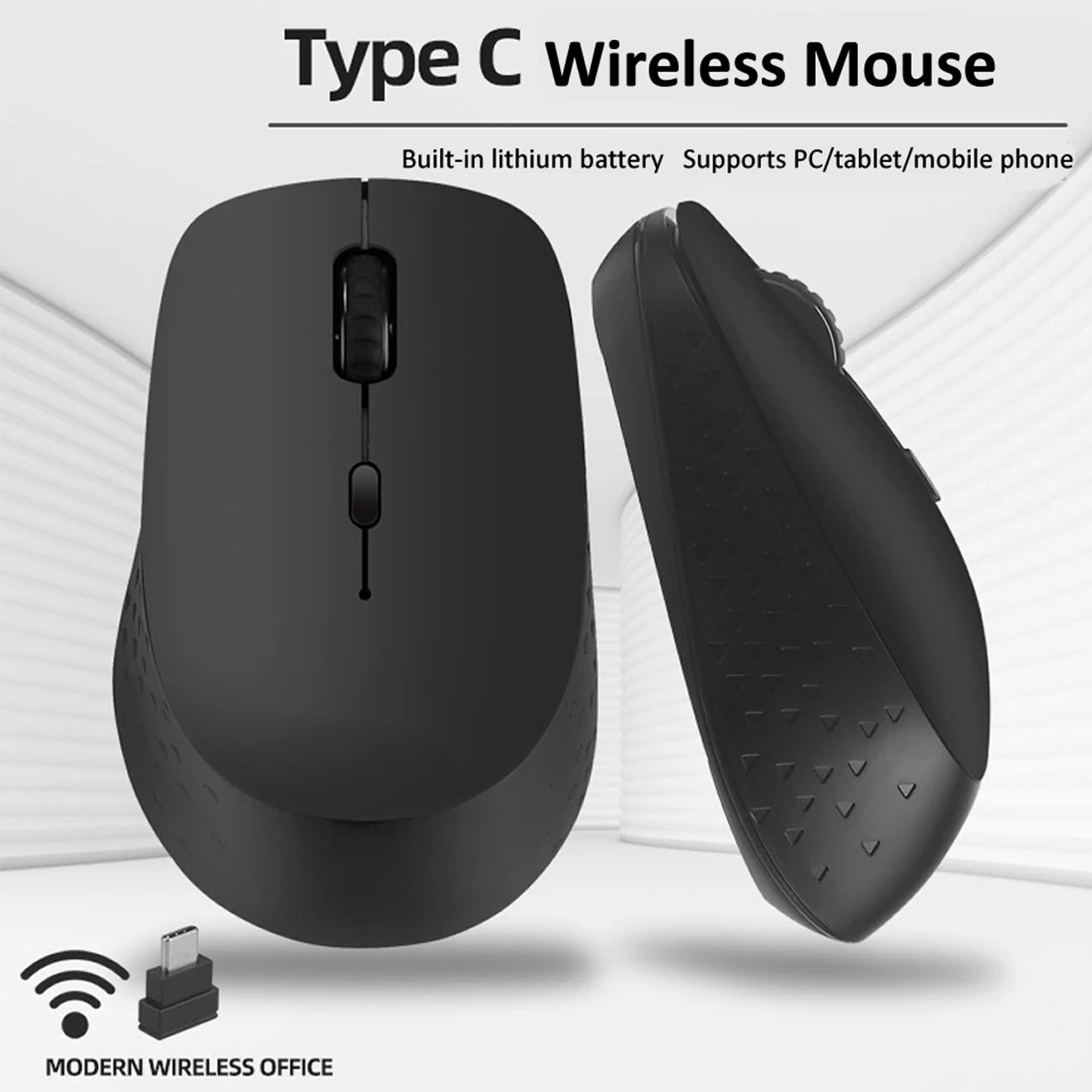 Type-C Wireless Mouse Rechargeable Silent Click Ergonomic Mouse 3 DPI Adjustable with USB Adapter for Laptop PC Macbook