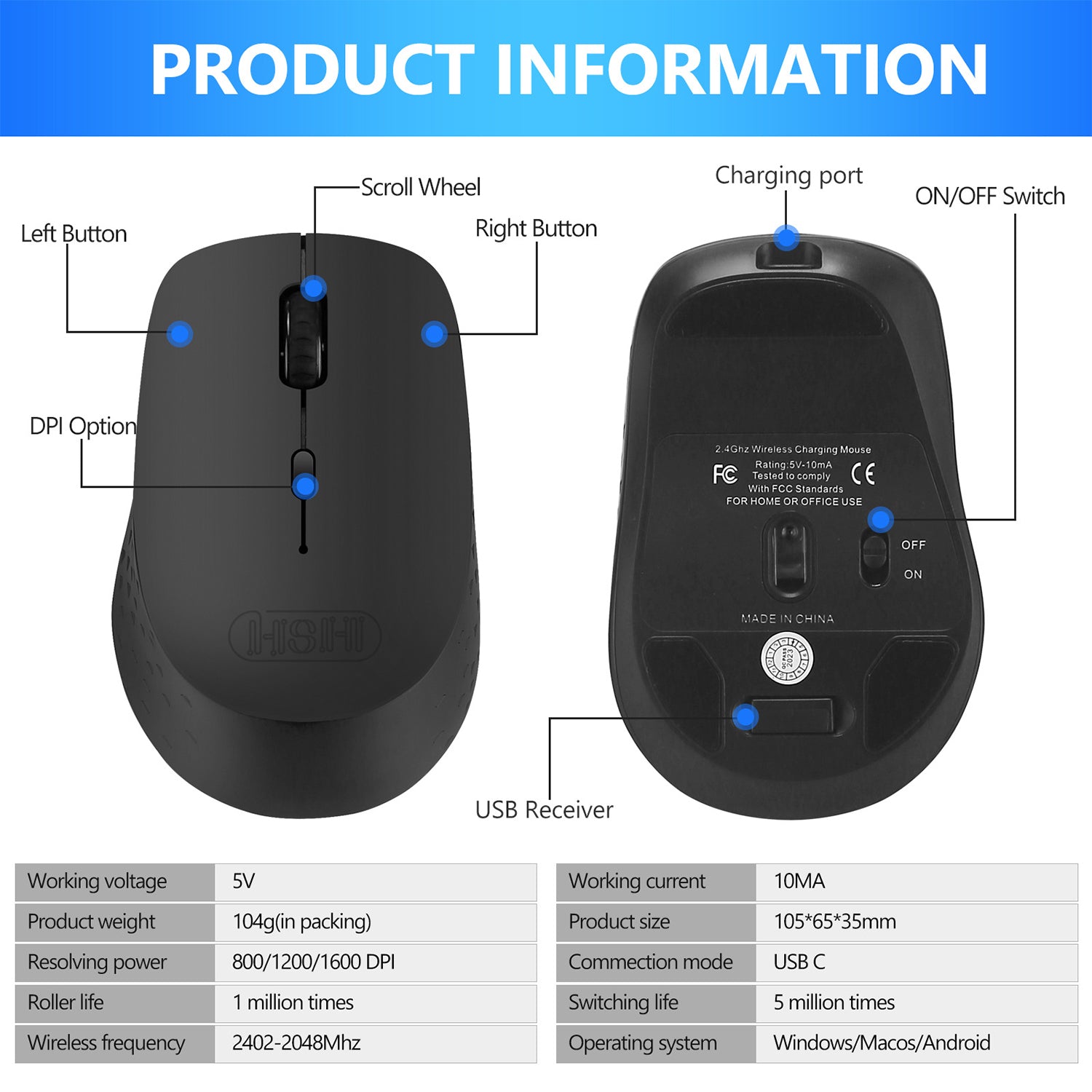 Type-C Wireless Mouse Rechargeable Silent Click Ergonomic Mouse 3 DPI Adjustable with USB Adapter for Laptop PC Macbook