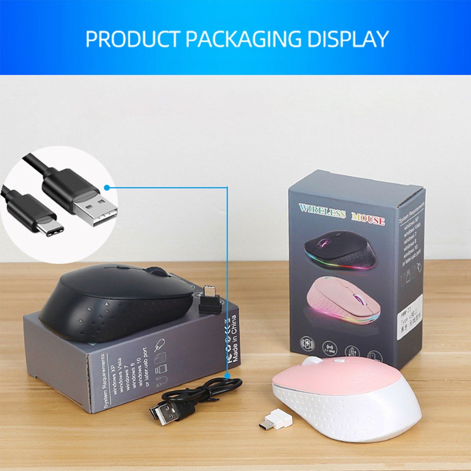 Type-C Wireless Mouse Rechargeable Silent Click Ergonomic Mouse 3 DPI Adjustable with USB Adapter for Laptop PC Macbook