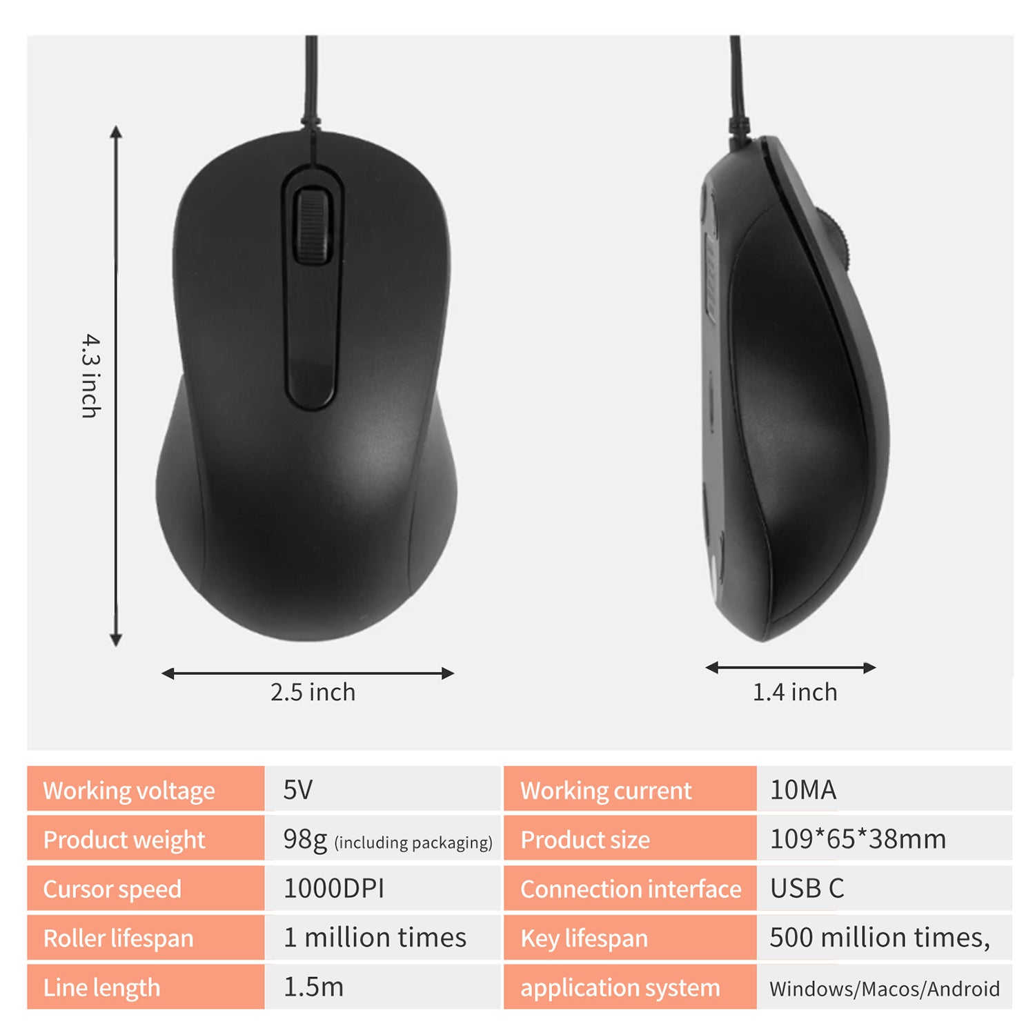 Type-C Mouse 3 Button 1000DPI USB C Mice Adjustable Sensitivity for Windows PC, Laptop and More Type C Devices