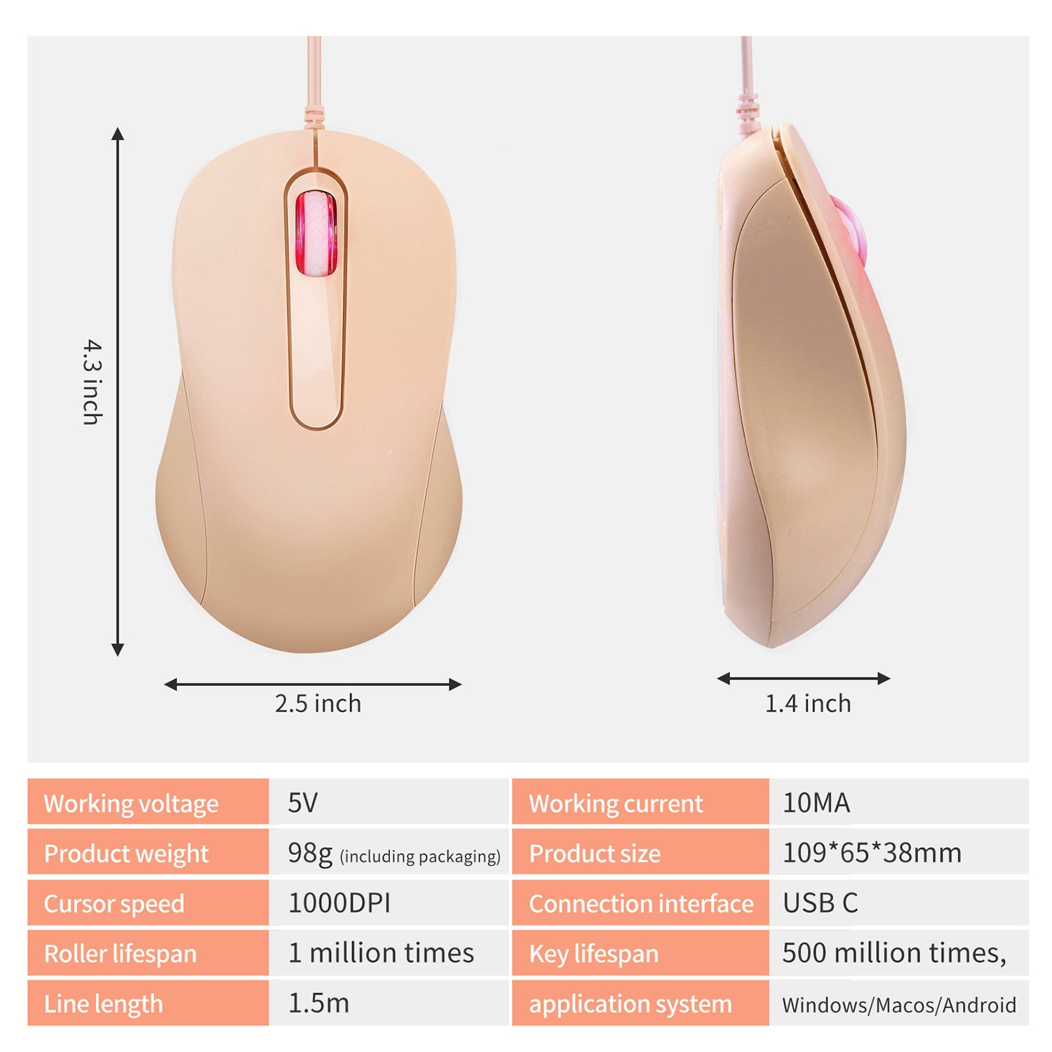 Type-C Mouse 3 Button 1000DPI USB C Mice Adjustable Sensitivity for Windows PC, Laptop and More Type C Devices