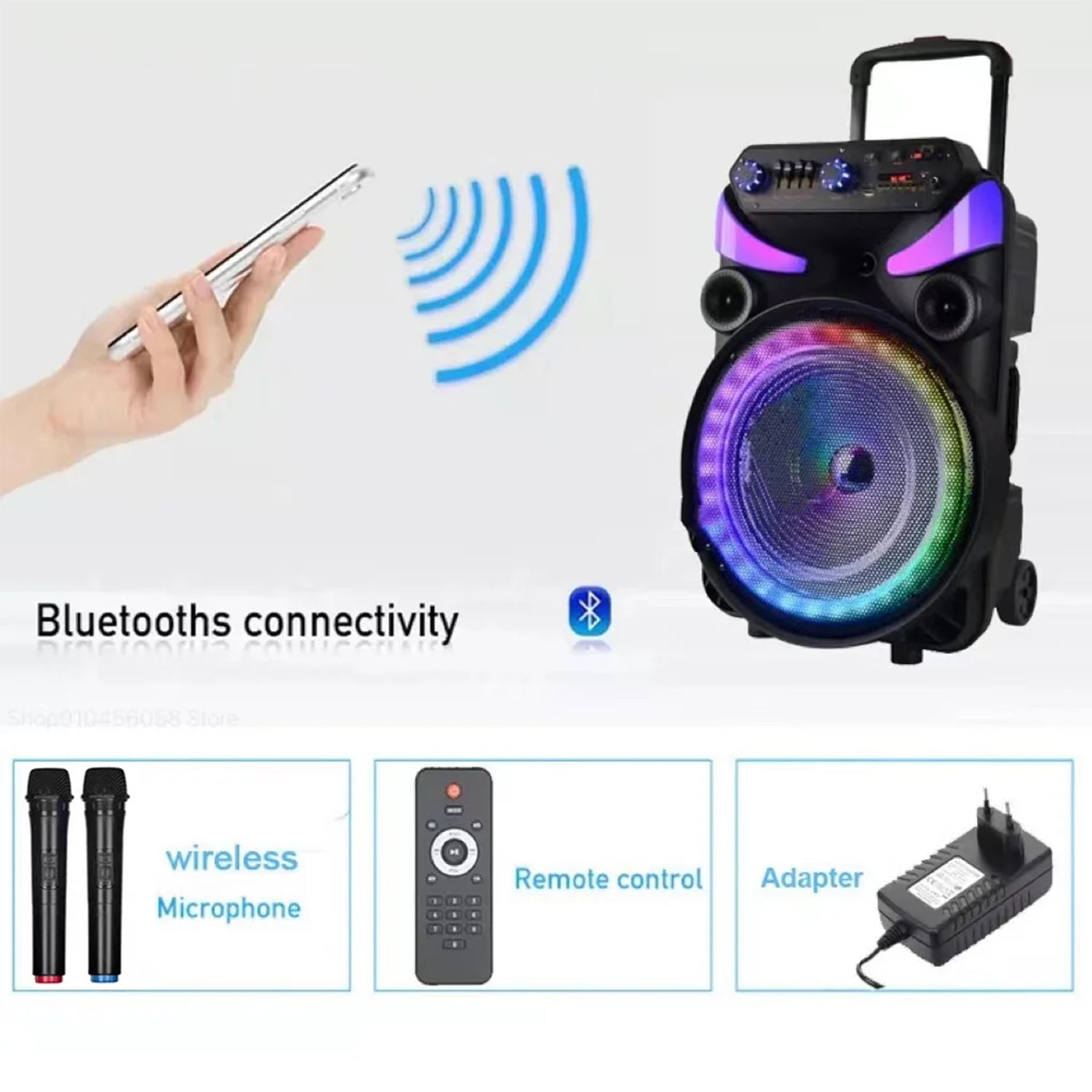 40W Bluetooth Speaker 15 Inch Outdoor Portable High-power Karaoke Party Speaker with Microphone Remote Control-Black