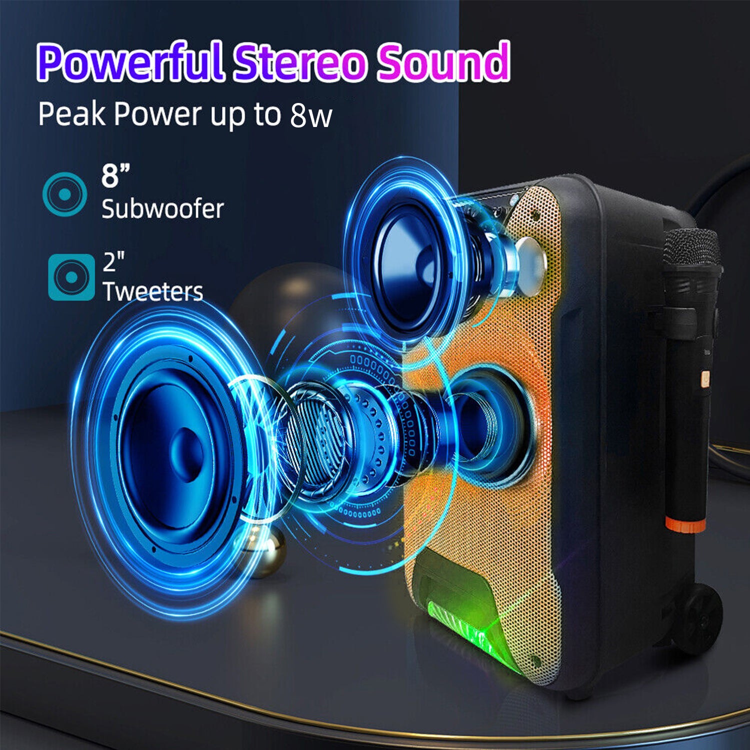 8 Inch 8W Portable Trolley Bluetooth Speaker Sound System Karaoke Machine Party with Remote and Microphone