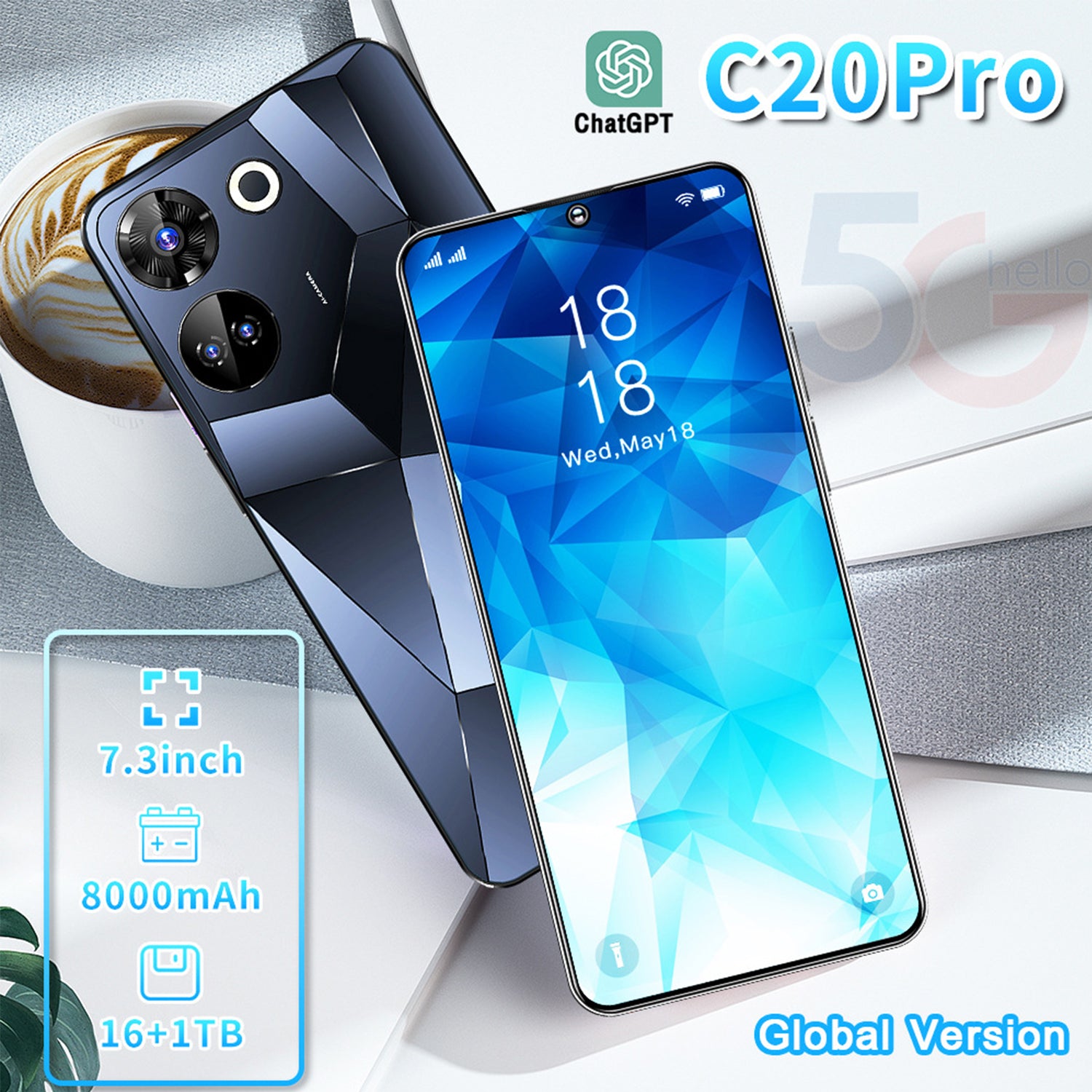 C20Pro Smartphone, 3GB RAM+64GB ROM, 2MP+13MP Camera, 6.5" HD+, 4G Dual SIM Unlocked, 3250mAh, Face Recognition