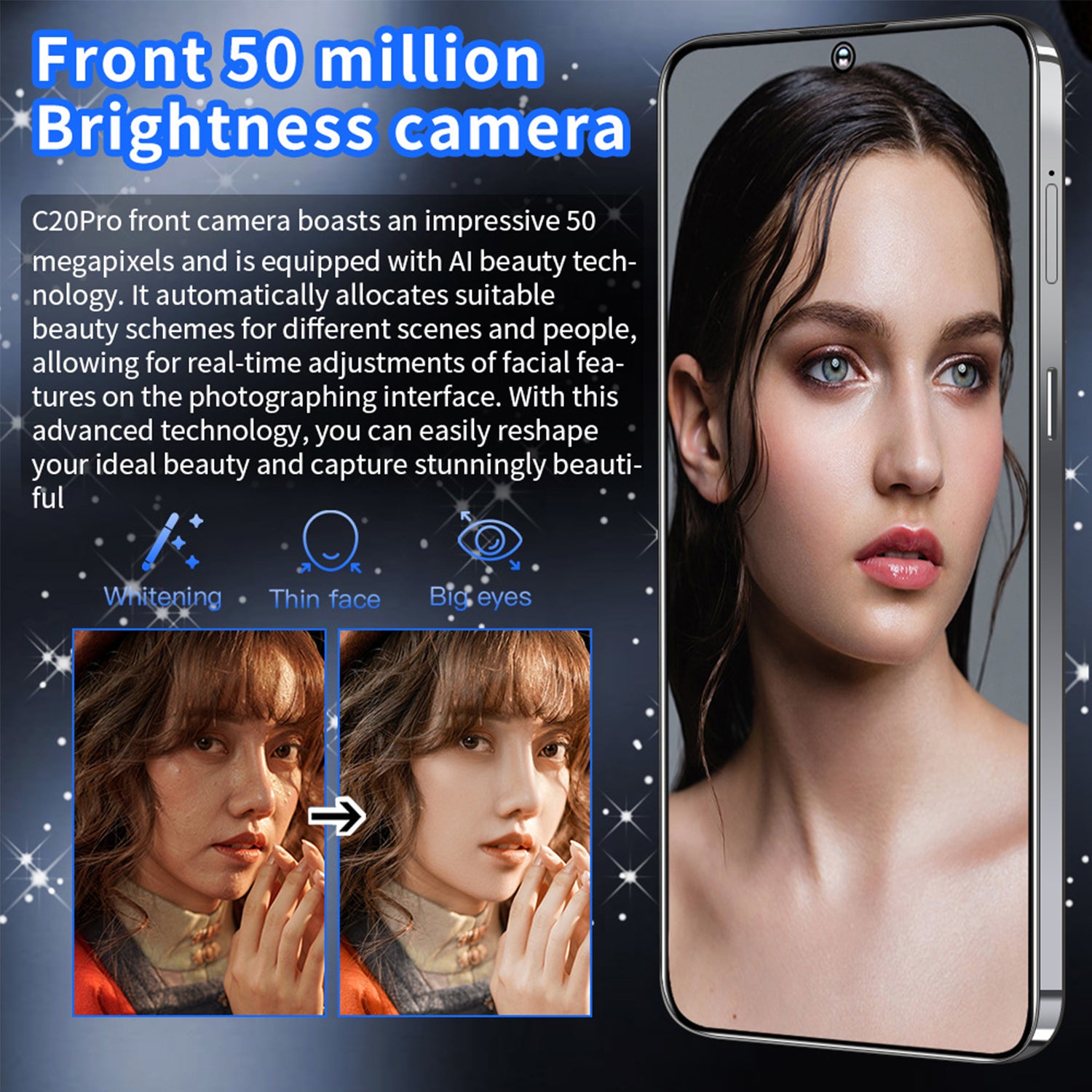 C20Pro Smartphone, 3GB RAM+64GB ROM, 2MP+13MP Camera, 6.5" HD+, 4G Dual SIM Unlocked, 3250mAh, Face Recognition