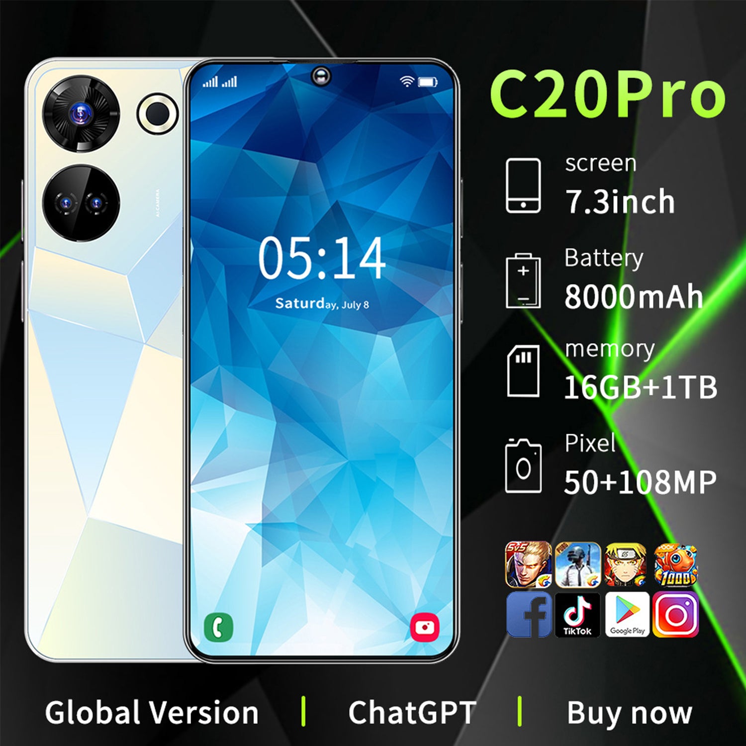 C20Pro Smartphone, 3GB RAM+64GB ROM, 2MP+13MP Camera, 6.5" HD+, 4G Dual SIM Unlocked, 3250mAh, Face Recognition