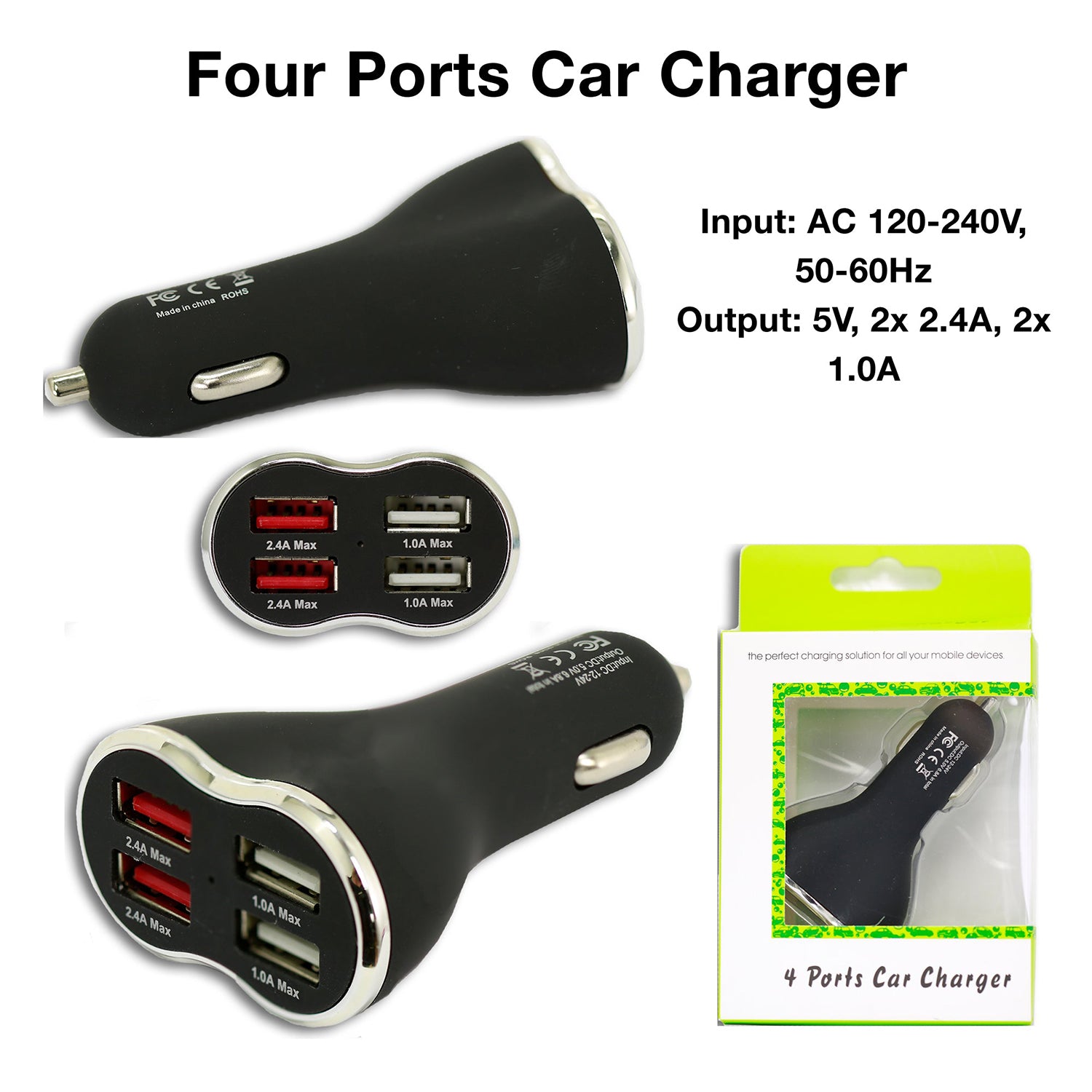 Four Ports USB Fast Charge Car Charger Compatible with iPhone X/8/7/6/6 Plus, Samsung Galaxy and More- Black