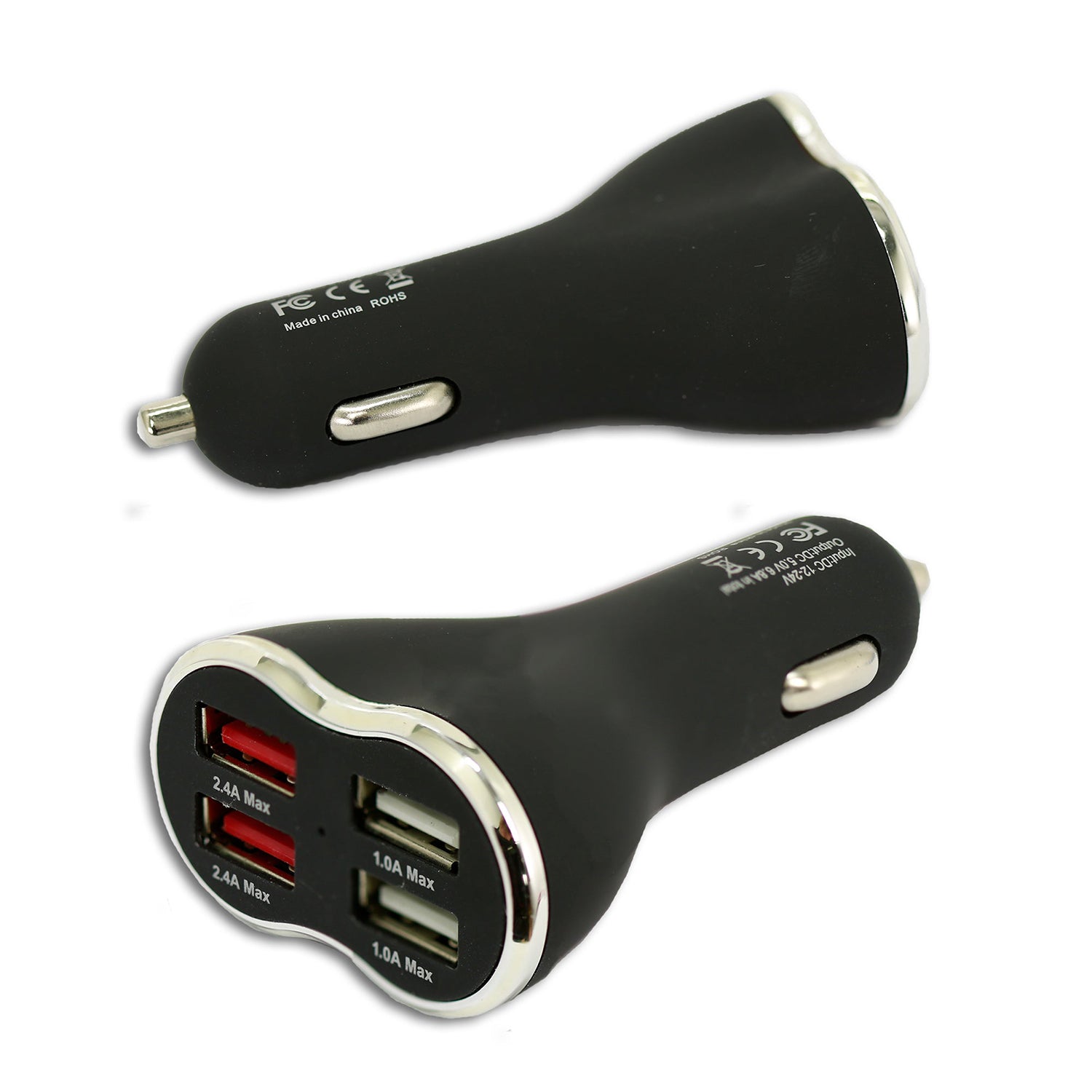 Four Ports USB Fast Charge Car Charger Compatible with iPhone X/8/7/6/6 Plus, Samsung Galaxy and More- Black