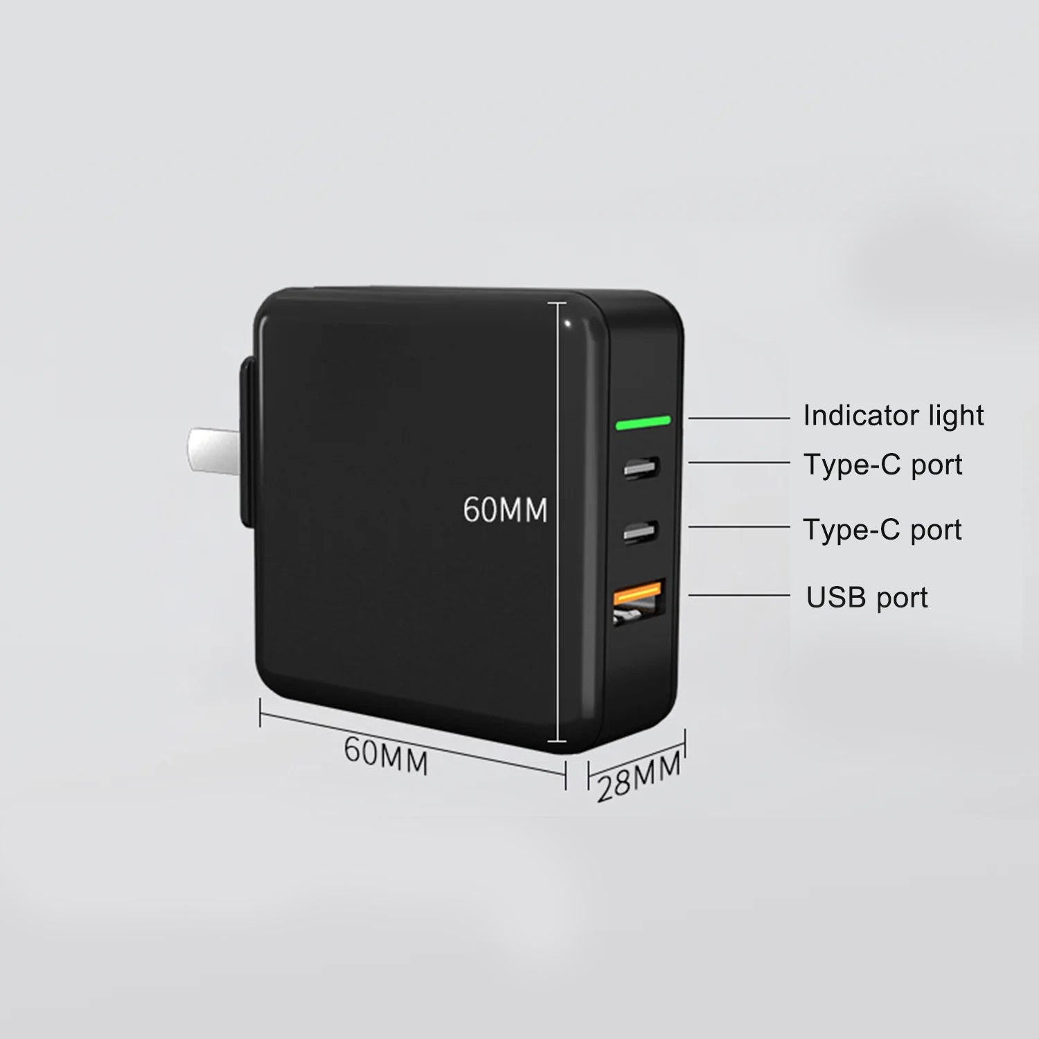 3 Ports(2 type-c ports+1 USB port) 65W mini MacBook fast charger adapter