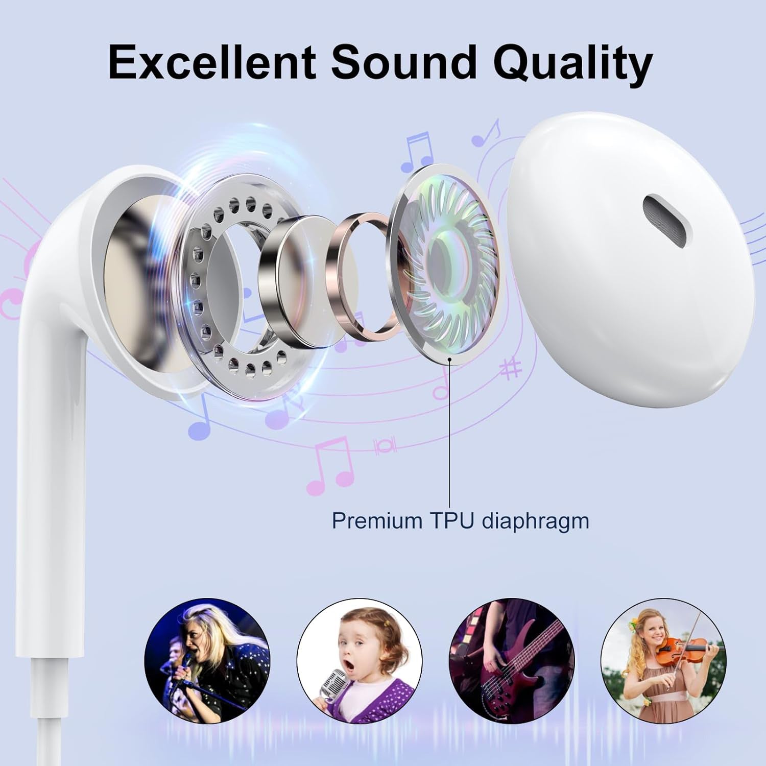 USB-C Headphones Type C Earphones for iPhone 15/15 Plus/15 Pro/15 Pro Max Magnetic HiFi Stereo DAC Earphone with Mic Wired Headphone-White