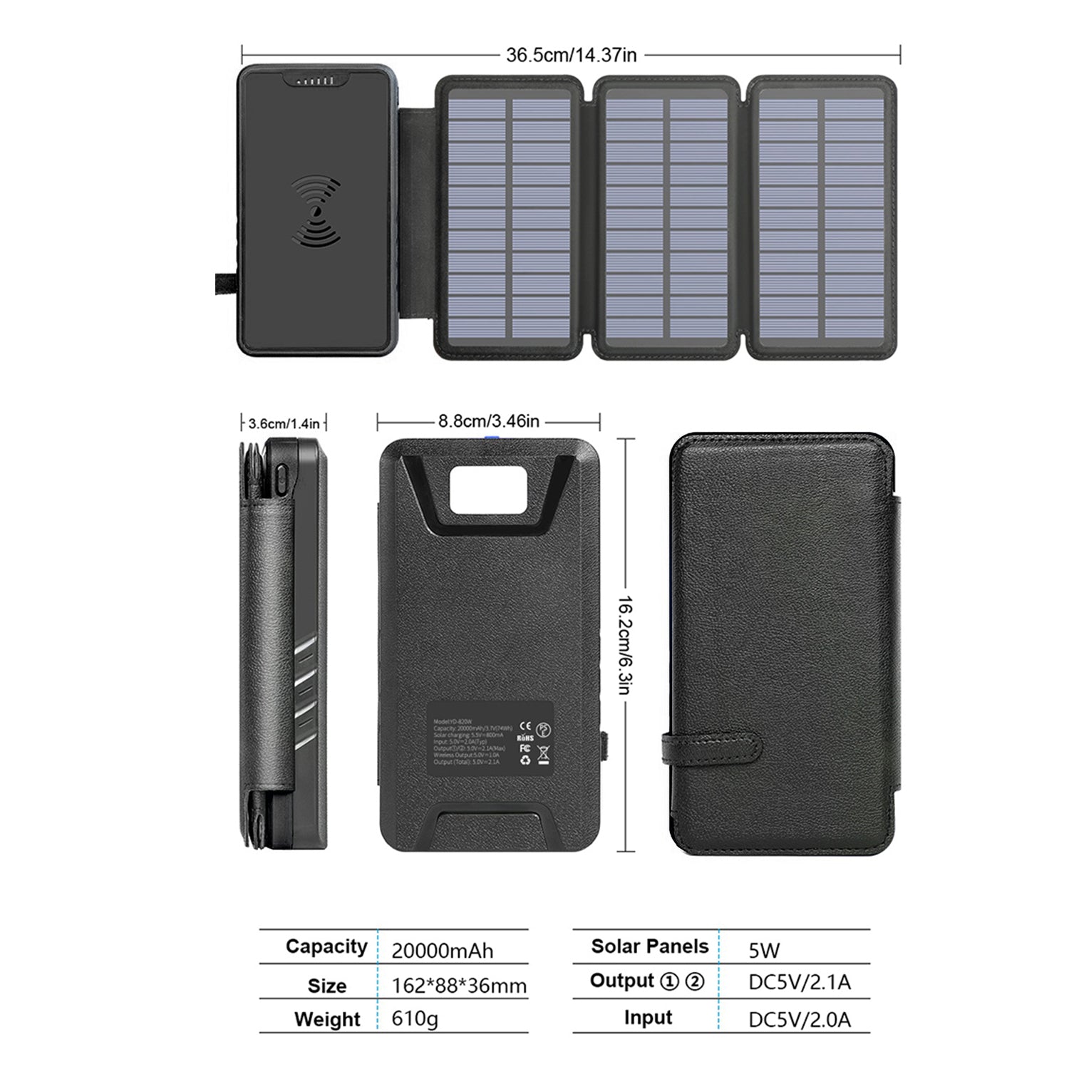 20000mAh Solar fast charging with  LED lights bank support wireless charging-Black