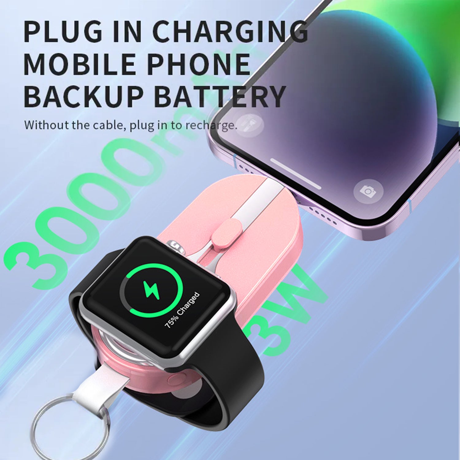 3000mAH Portable emergency Power Bank for Apple Watch Charger Key Chain Mobile Phone External Battery for iPhone15/iPhone15 Pro/iPhone15 Plus/iPhone15 Pro Max.