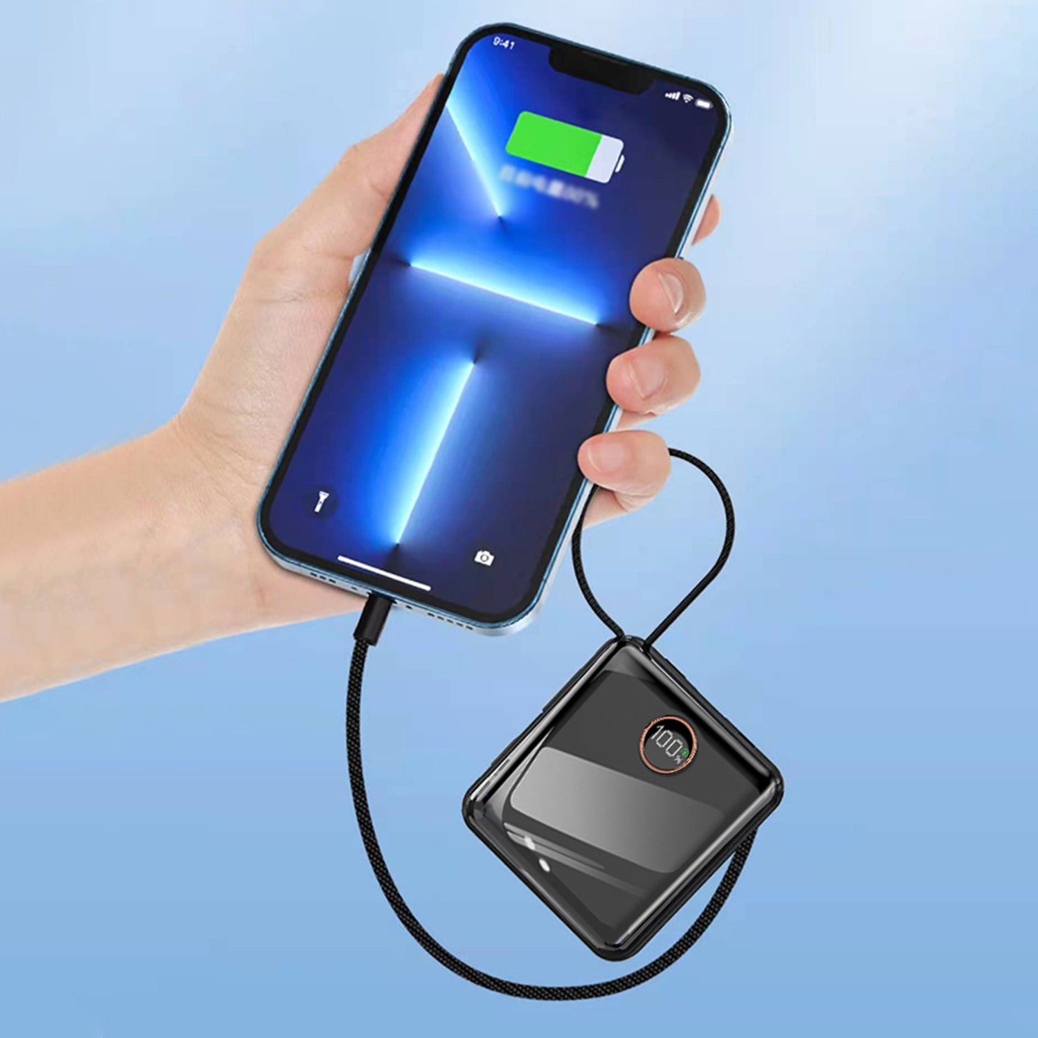 Portable With Lanyard Power Bank,10000mAh 22.5W Fast Charging USB-C + Lightning Power Bank, High-Speed Small Phone Charger Built in Cable,LCD Display External