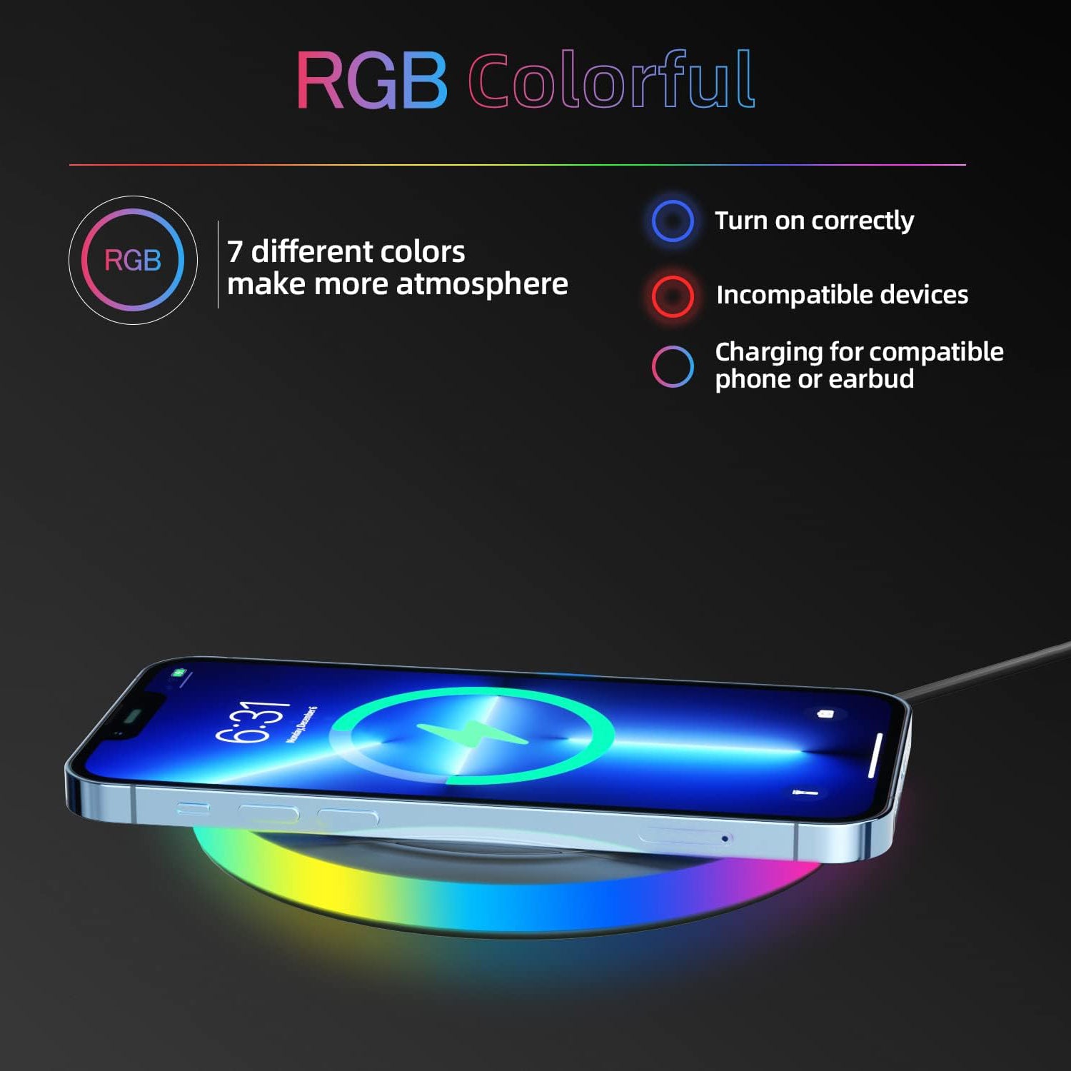 15W RGB Wireless Charger Compatible iPhone 15/15 Plus/15 Pro/15 Pro Max