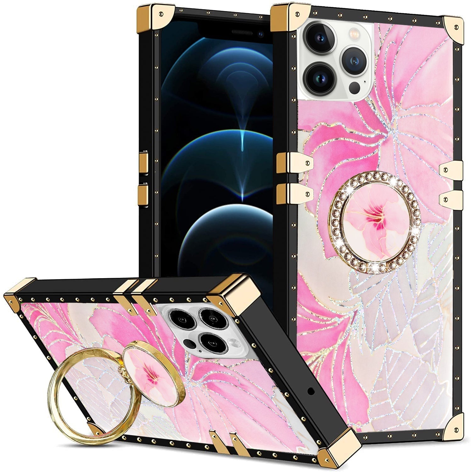 iPhone 14 Pro Max TPU Luxury Pink Flower Case with Kickstan