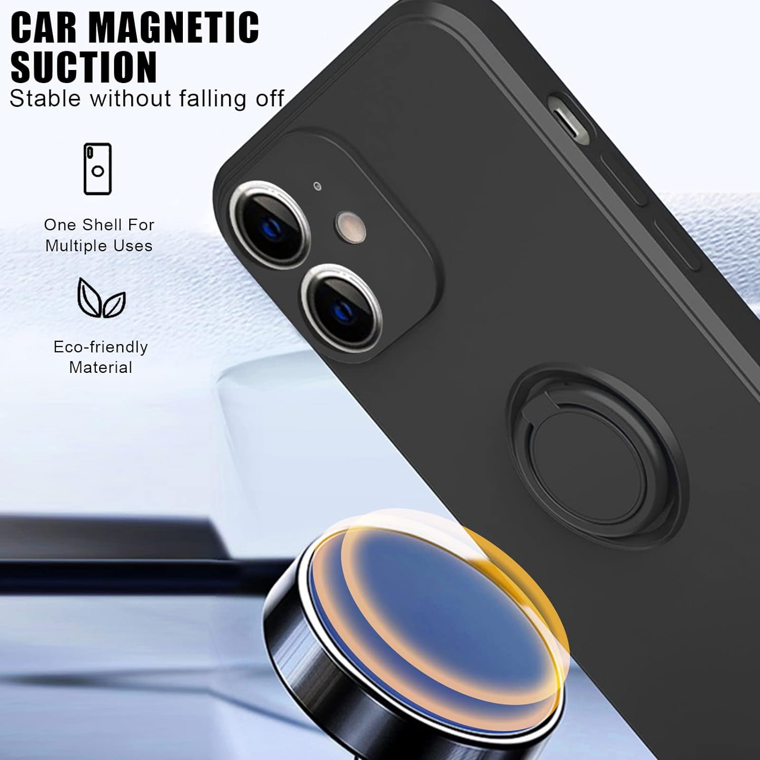 Soft Liquid Silicone Case With Stand Ring Holder For iPhone 12 (6.1") - Black