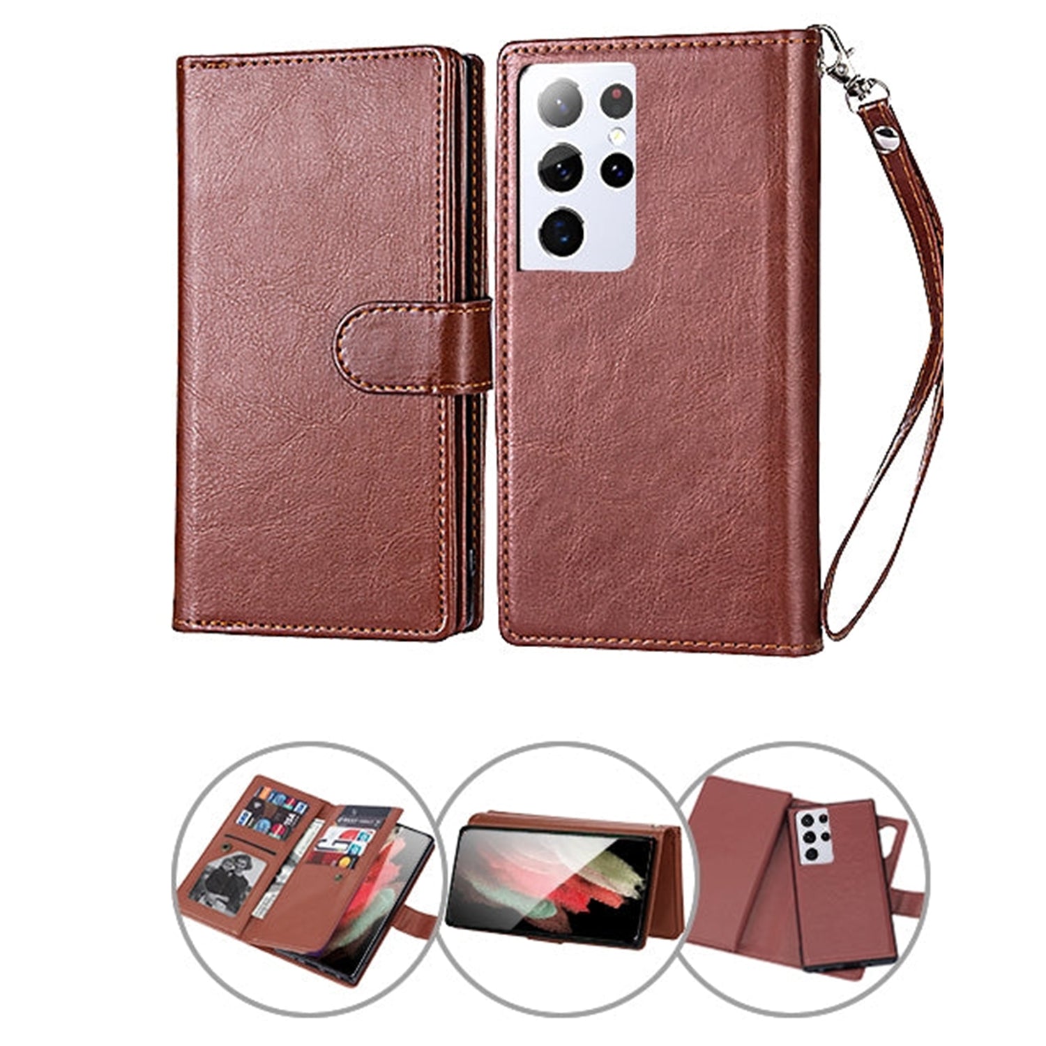 Samsung Galaxy S21 Ultra 2 in 1 Leather Wallet Case With 9 Credit Card Slots and Removable Back Cover 