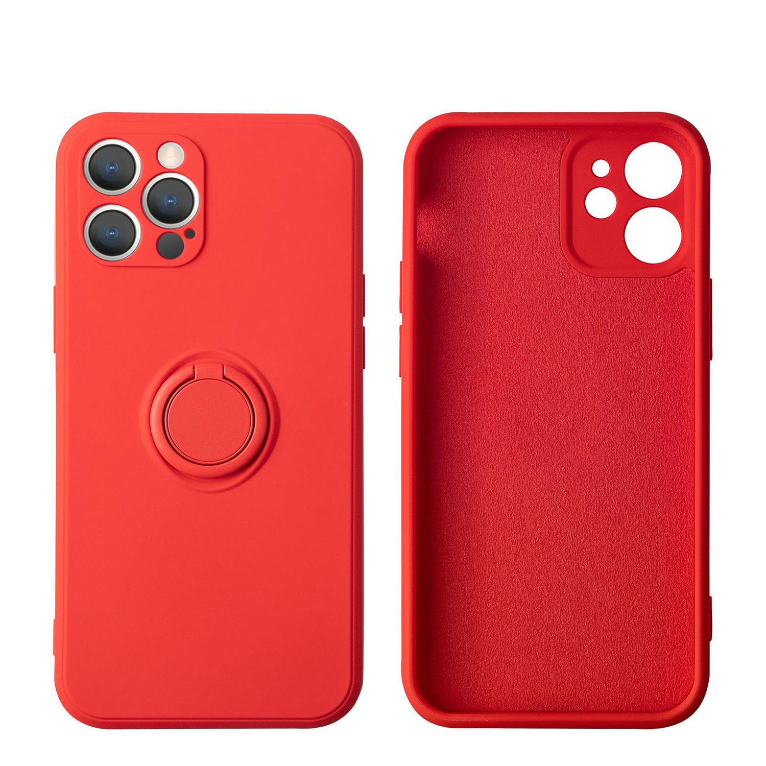 Soft Liquid Silicone Case With Stand Ring Holder For iPhone 12 Pro (6.1") - Red