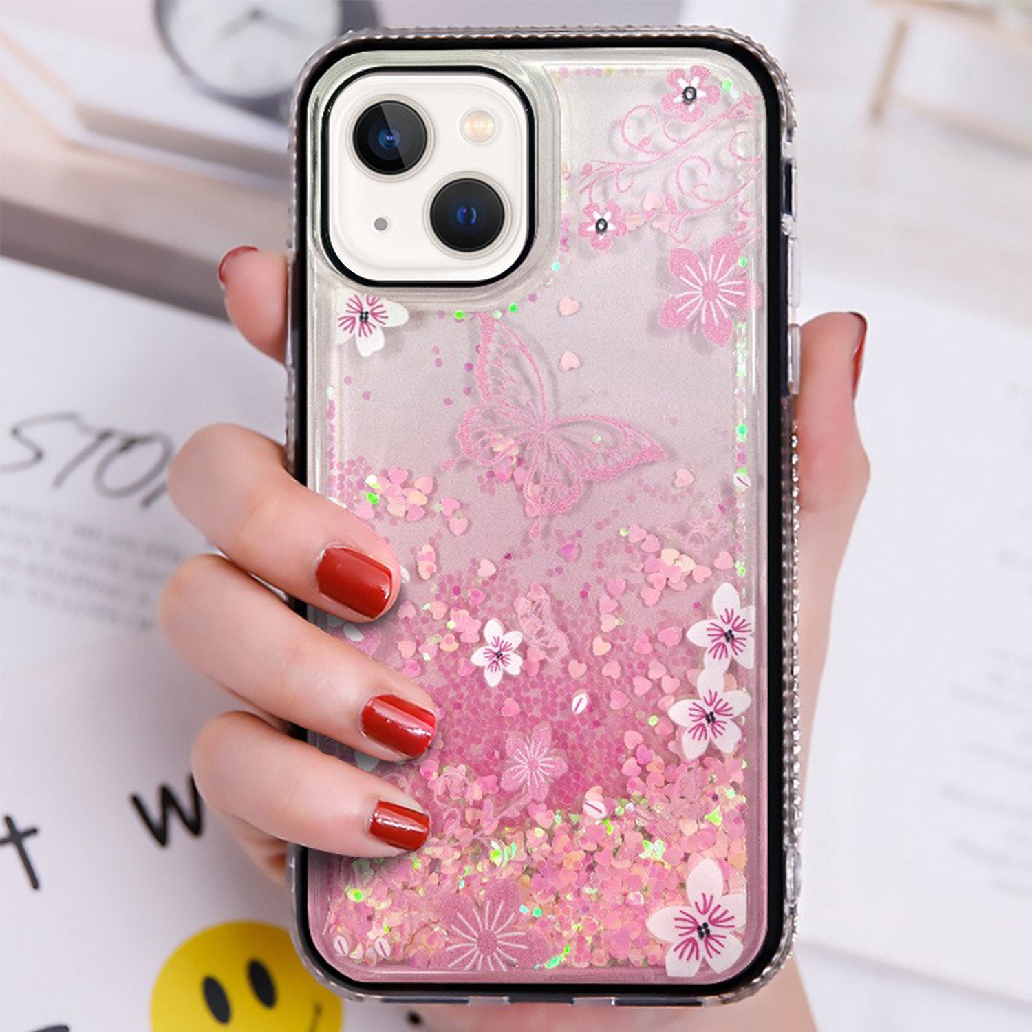 iPhone 14/13 Diamond inlaid on both sides, colorful butterfly quicksand  case