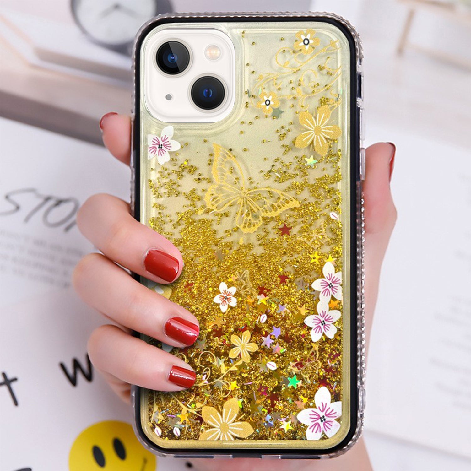 iPhone 14/13 Diamond inlaid on both sides, colorful butterfly quicksand  case