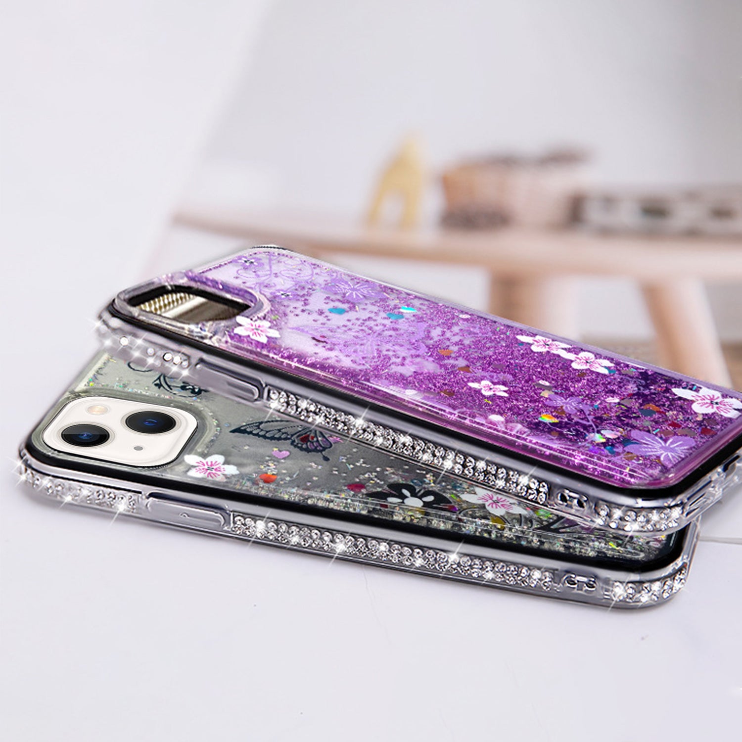 iPhone 14/13 Diamond inlaid on both sides, colorful butterfly quicksand  case