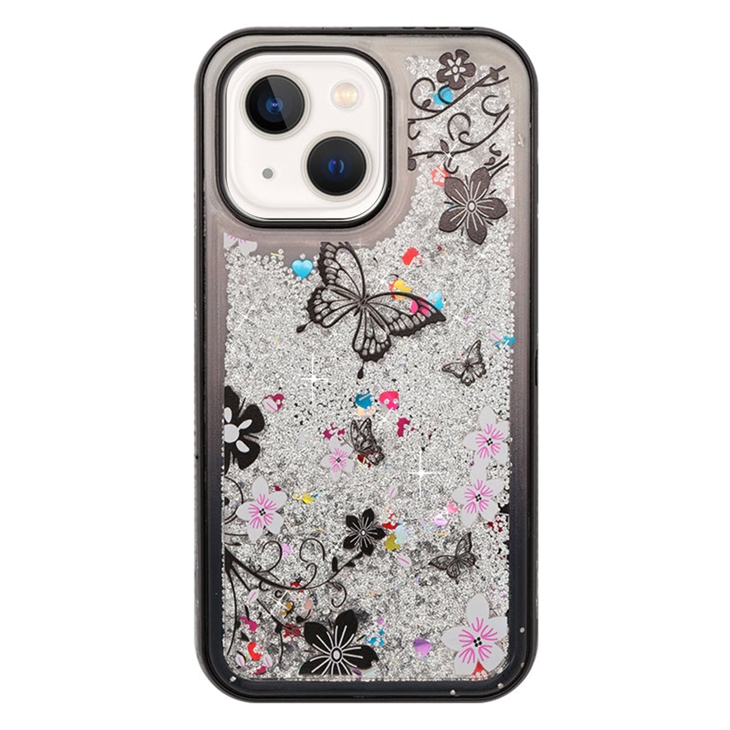 iPhone 14/13 Diamond inlaid on both sides, colorful butterfly quicksand  case