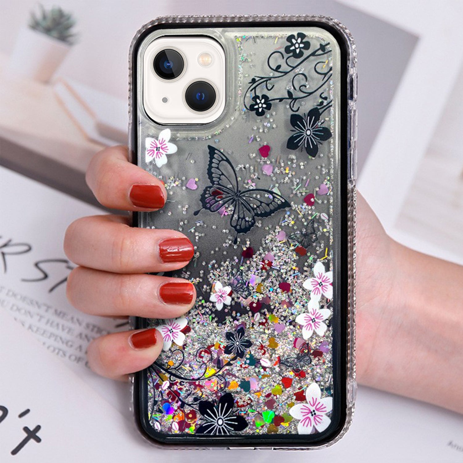 iPhone 14/13 Diamond inlaid on both sides, colorful butterfly quicksand  case