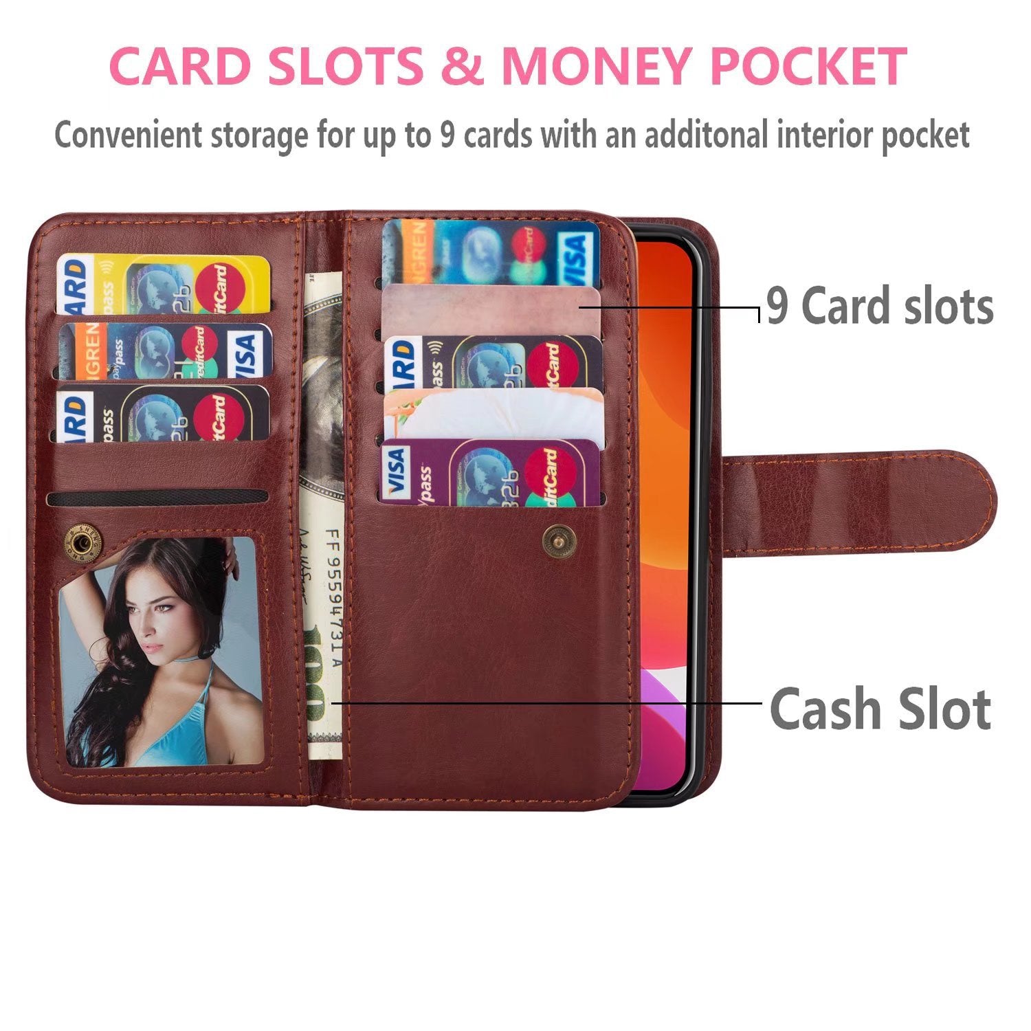 iPhone 14 Plus(6.7") 2 in 1 Leather Wallet Case With 9 Credit Card Slots and Removable Back Cover 