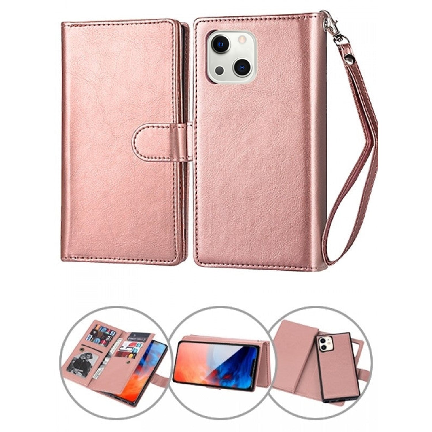 iPhone 13 2 in 1 Leather Wallet Case With 9 Credit Card Slots and Removable Back Cover 