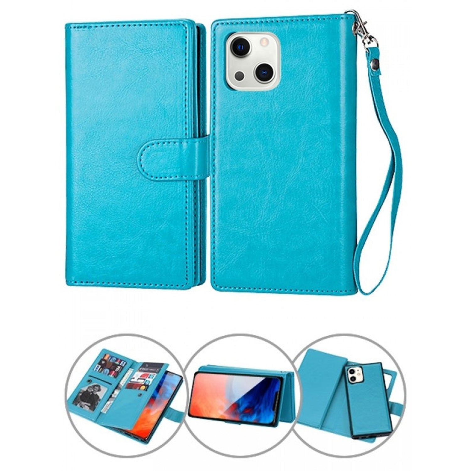 iPhone 13 2 in 1 Leather Wallet Case With 9 Credit Card Slots and Removable Back Cover 