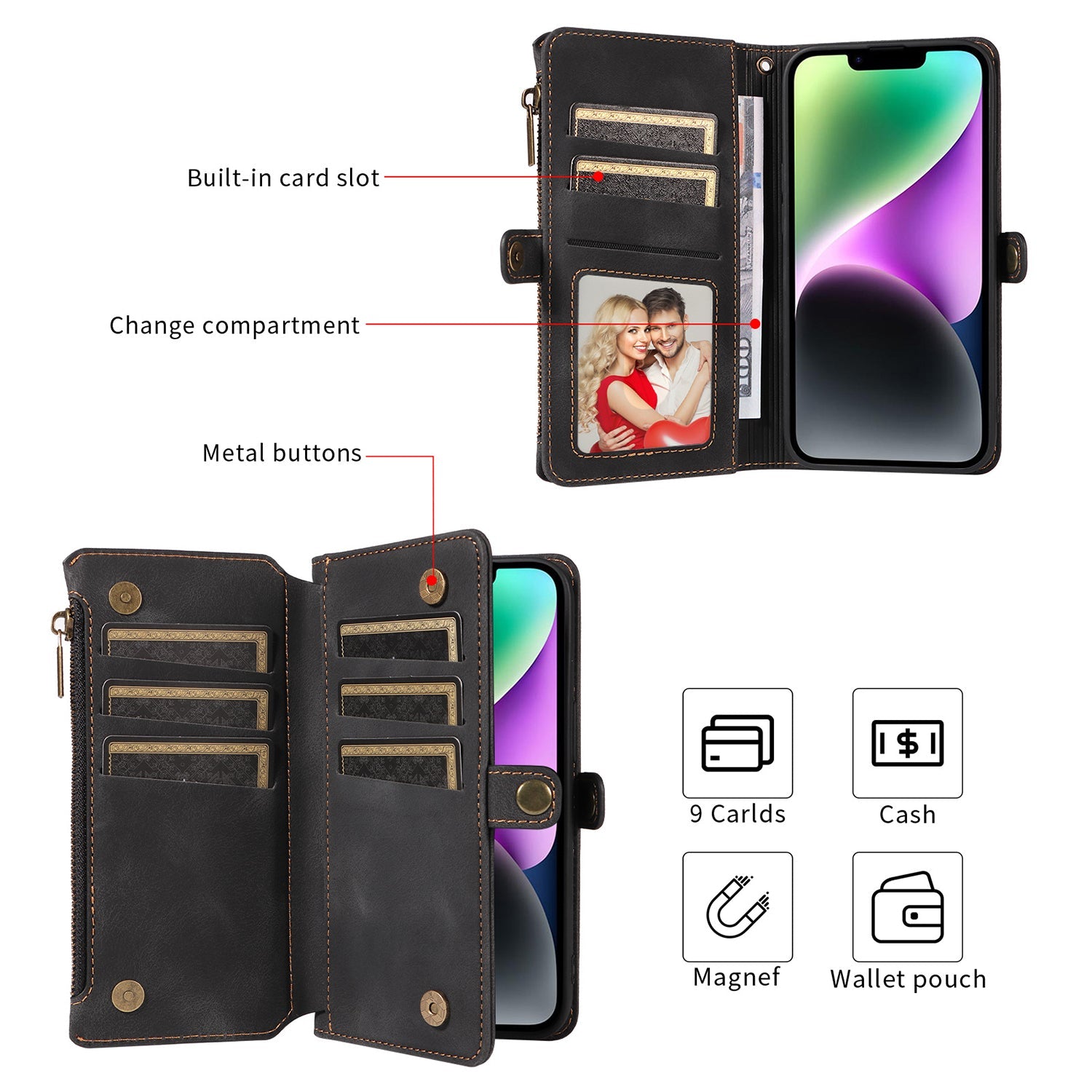 iPhone 14 Plus Retro Premium Flip Leather Cover with 9 Card Holder & Zipper Cash Pocket & Wrist Strap