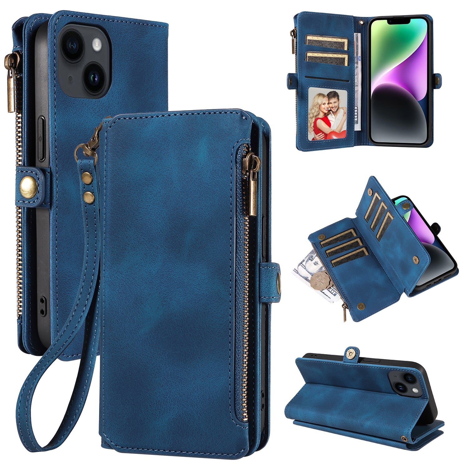 iPhone 14/13 Retro Premium Flip Leather Cover with 9 Card Holder & Zipper Cash Pocket & Wrist Strap