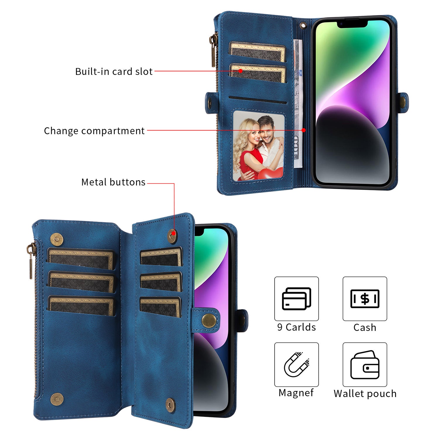 iPhone 14/13 Retro Premium Flip Leather Cover with 9 Card Holder & Zipper Cash Pocket & Wrist Strap