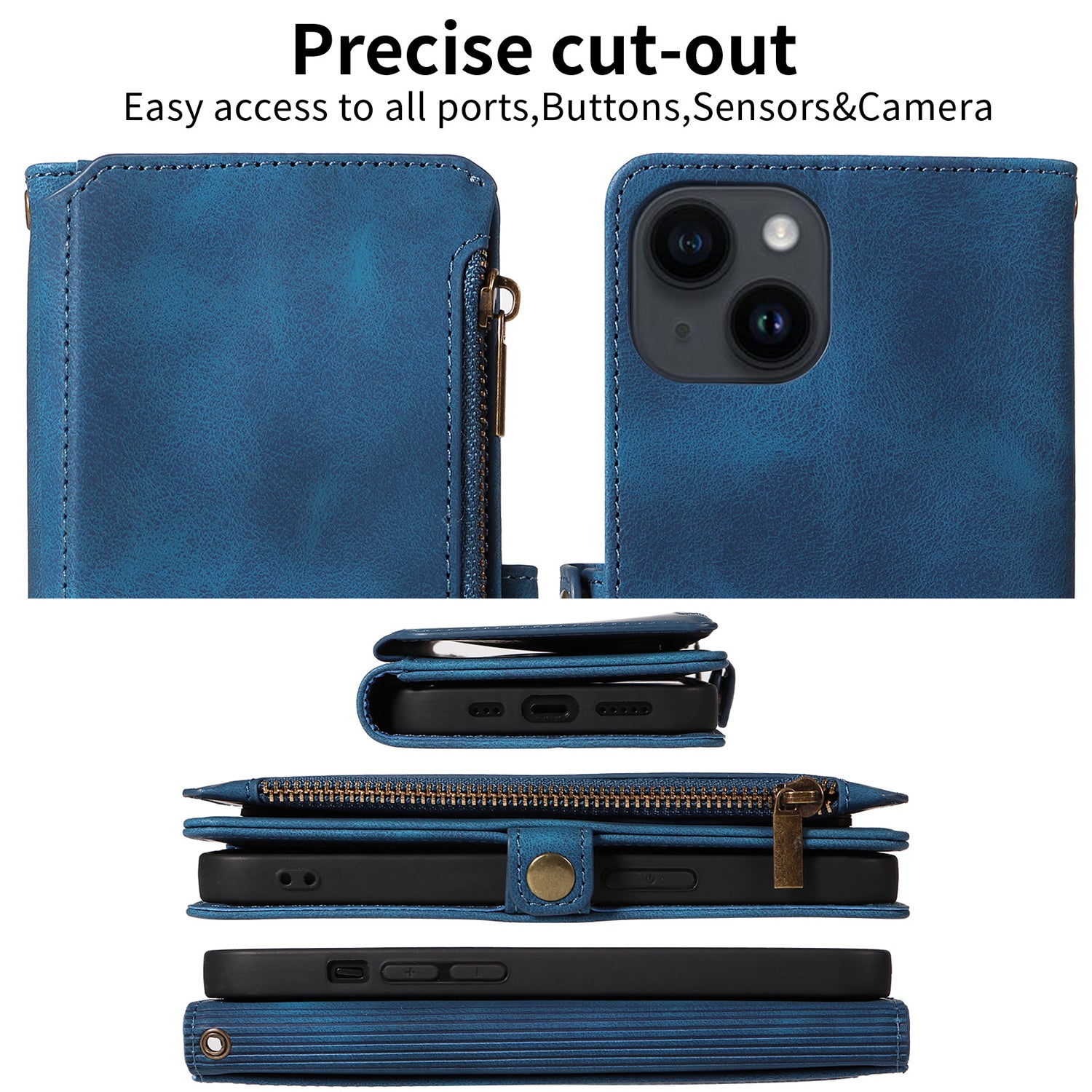 iPhone 14/13 Retro Premium Flip Leather Cover with 9 Card Holder & Zipper Cash Pocket & Wrist Strap