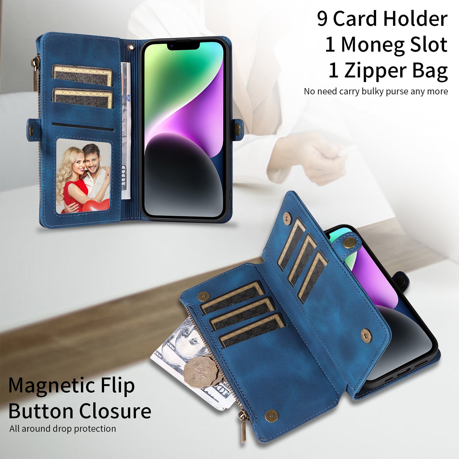 iPhone 14 Plus Retro Premium Flip Leather Cover with 9 Card Holder & Zipper Cash Pocket & Wrist Strap