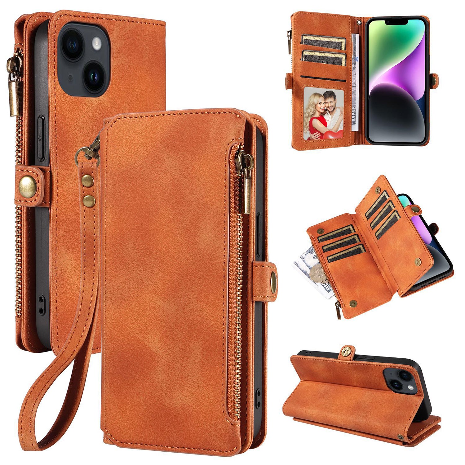 iPhone 14/13 Retro Premium Flip Leather Cover with 9 Card Holder & Zipper Cash Pocket & Wrist Strap