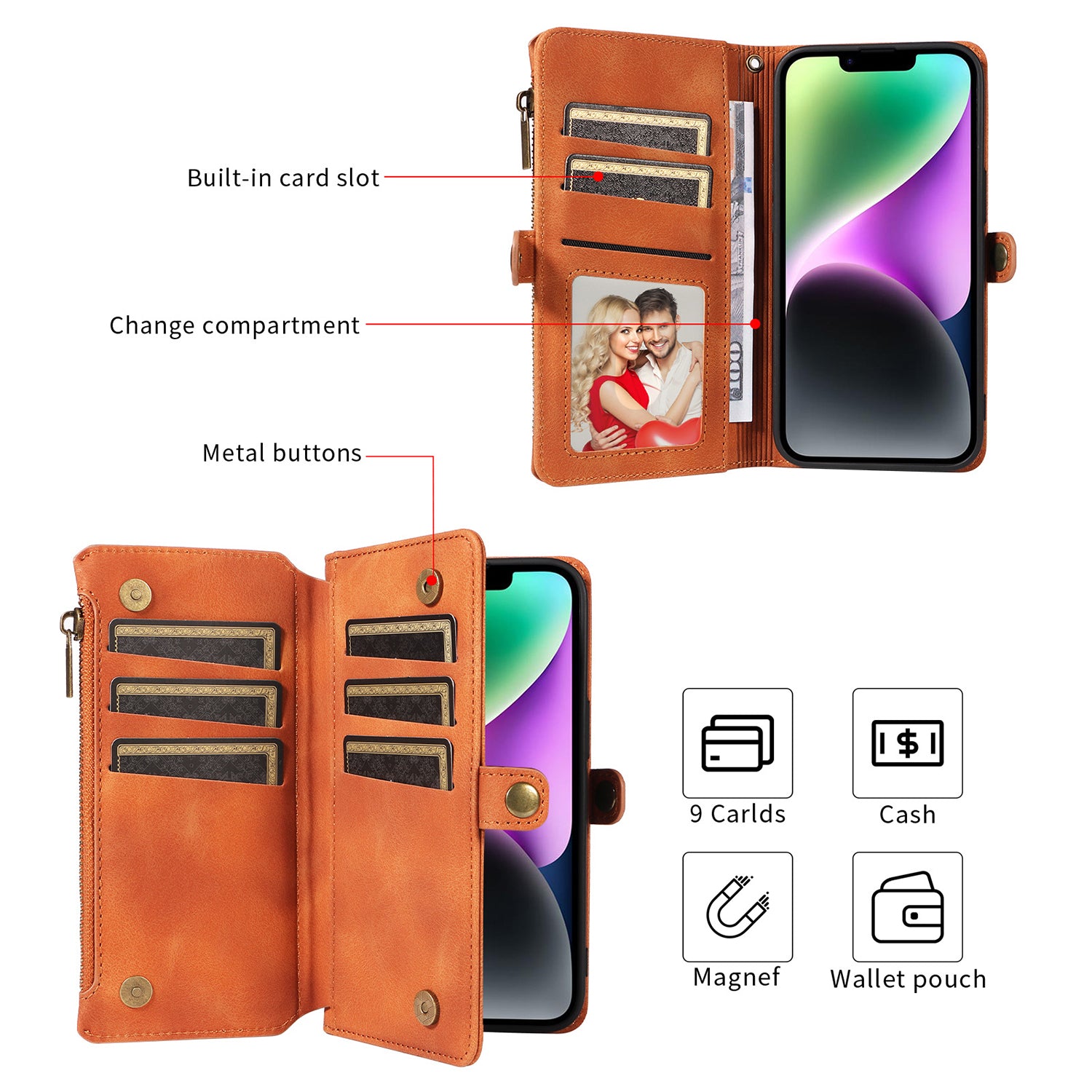 iPhone 14/13 Retro Premium Flip Leather Cover with 9 Card Holder & Zipper Cash Pocket & Wrist Strap