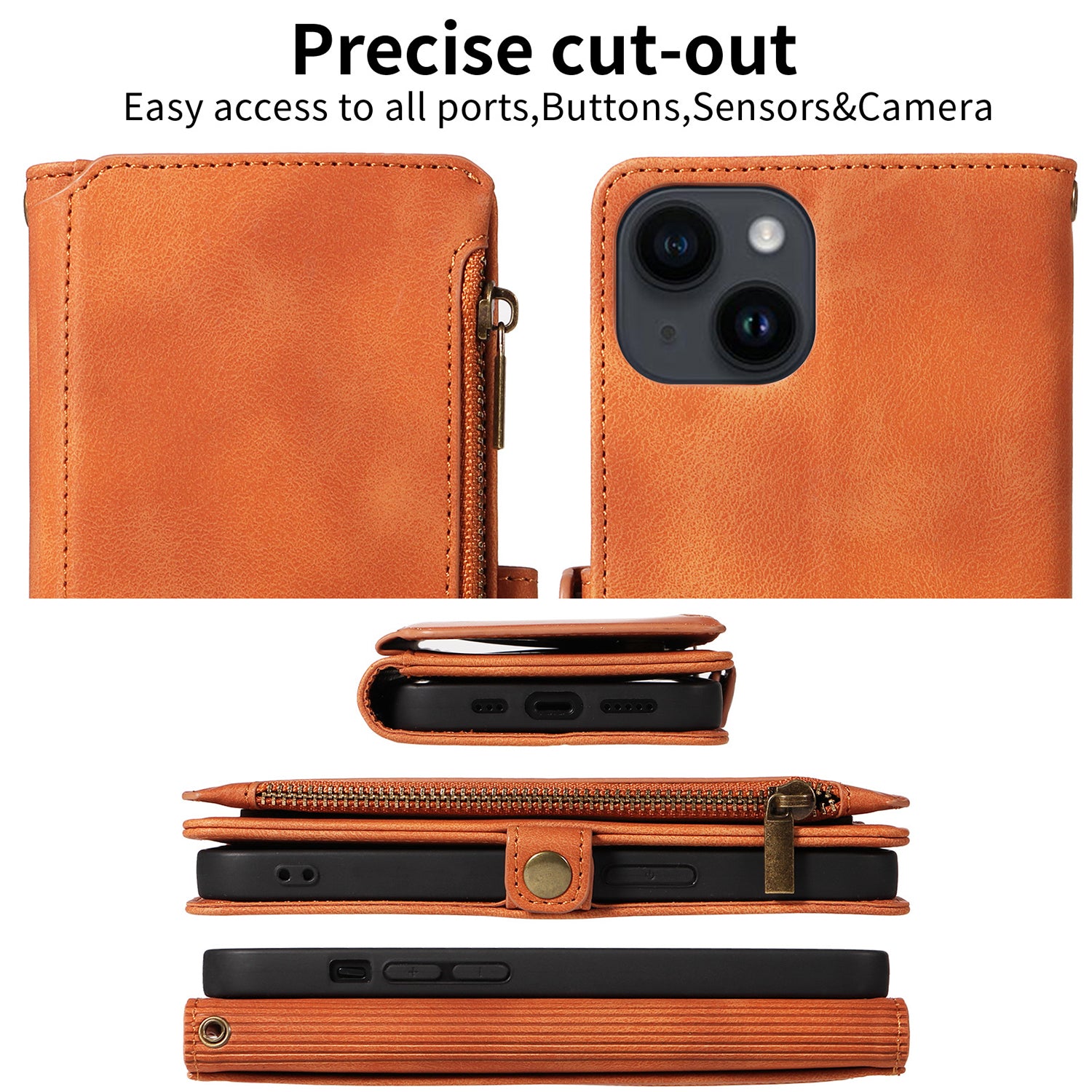 iPhone 14/13 Retro Premium Flip Leather Cover with 9 Card Holder & Zipper Cash Pocket & Wrist Strap