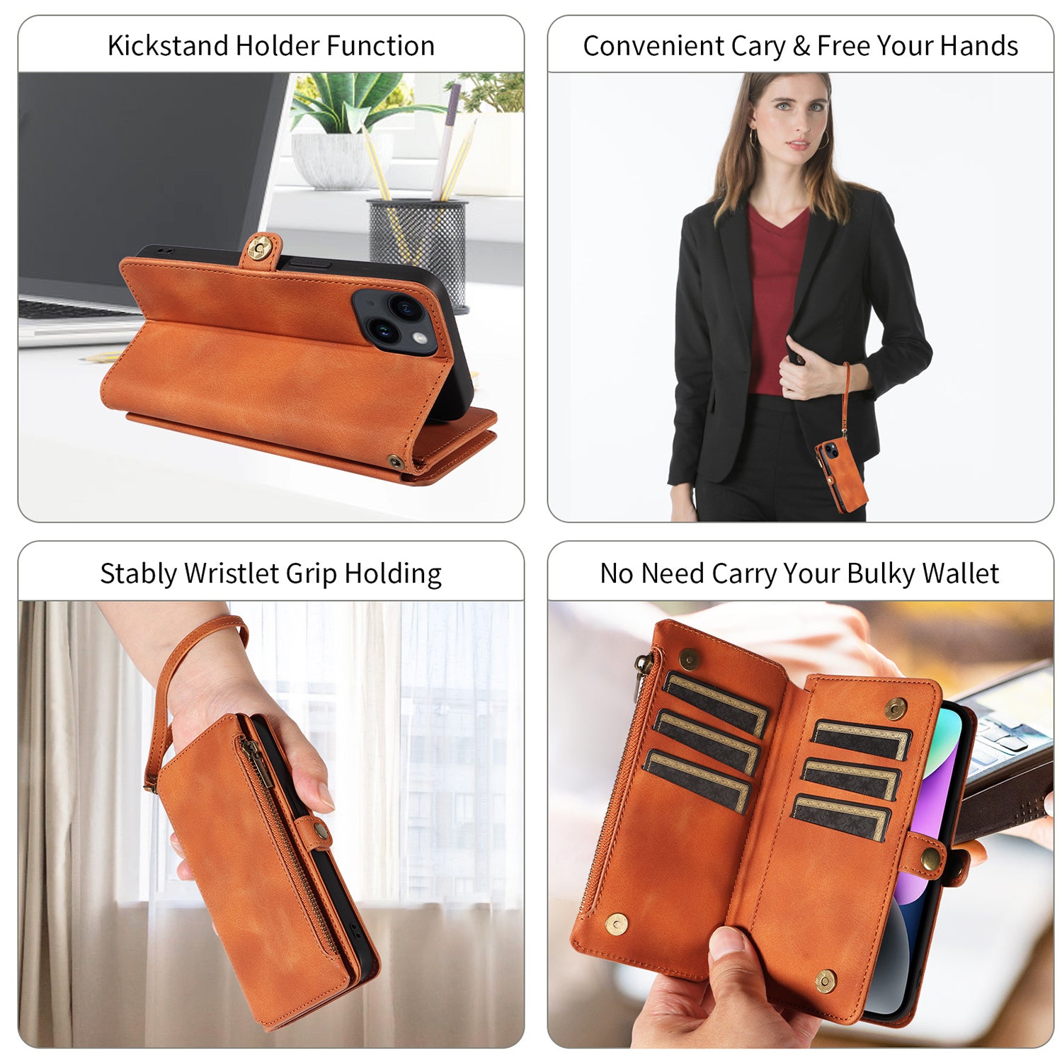 iPhone 14/13 Retro Premium Flip Leather Cover with 9 Card Holder & Zipper Cash Pocket & Wrist Strap