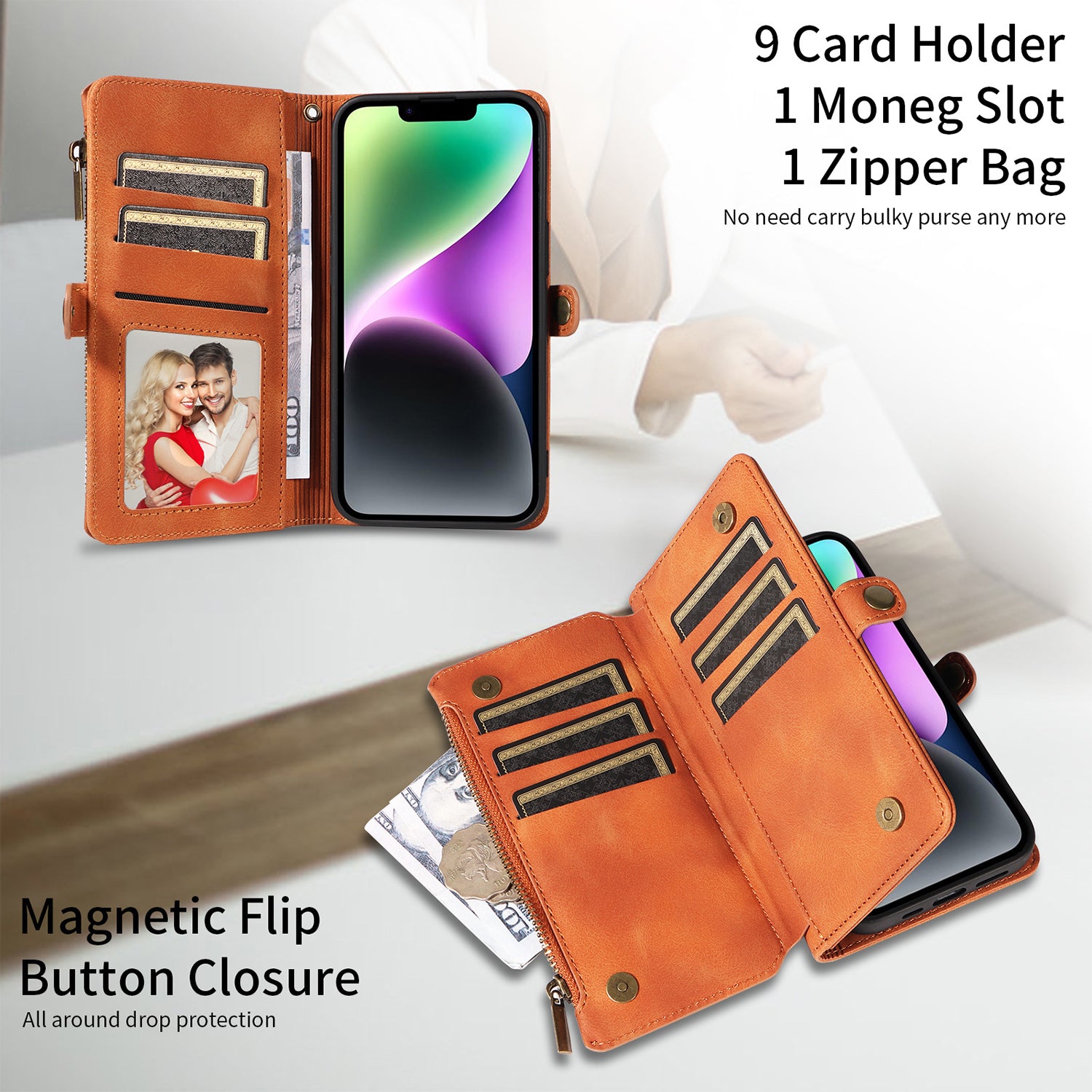 iPhone 14/13 Retro Premium Flip Leather Cover with 9 Card Holder & Zipper Cash Pocket & Wrist Strap