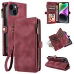 iPhone 14/13 Retro Premium Flip Leather Cover with 9 Card Holder & Zipper Cash Pocket & Wrist Strap