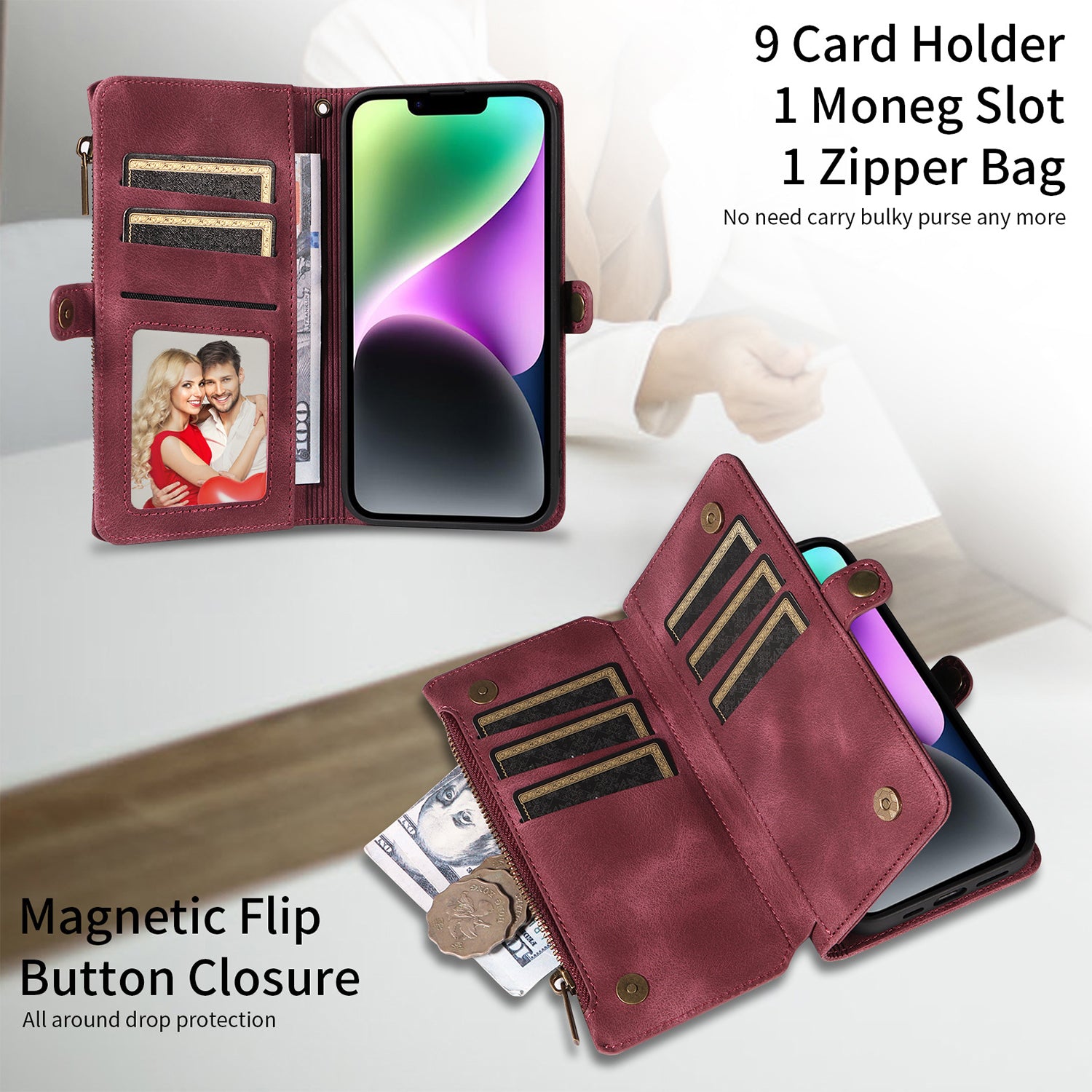 iPhone 14/13 Retro Premium Flip Leather Cover with 9 Card Holder & Zipper Cash Pocket & Wrist Strap